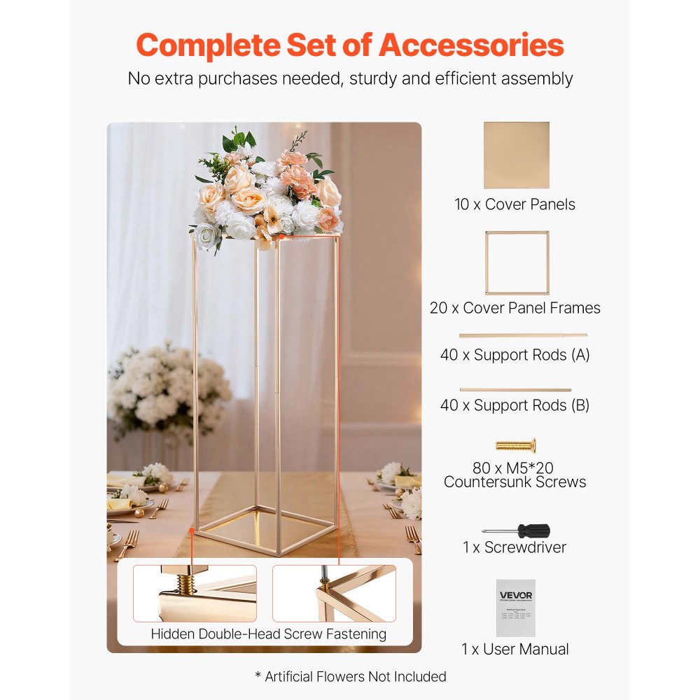 VEVOR Soporte Floral para Bodas, de Acero SPCC, 10 Piezas, con Laminado Metálico, Estante Rectangular Dorado Francés para Exhibición de Flores en Bodas, Fiestas, Cumpleaños y Hogar, 280 x 280 x 800 mm