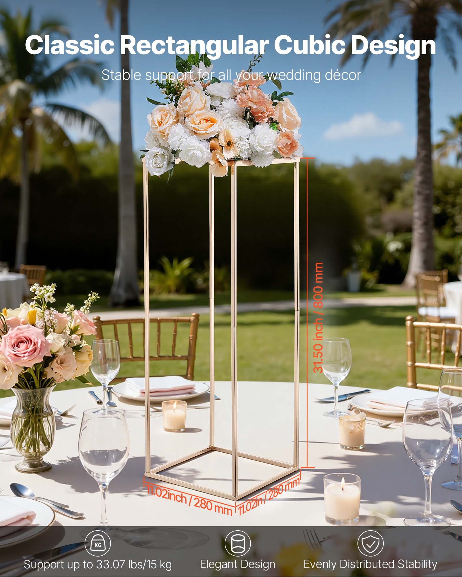 VEVOR Soporte Floral para Bodas, de Acero SPCC, 10 Piezas, con Laminado Metálico, Estante Rectangular Dorado Francés para Exhibición de Flores en Bodas, Fiestas, Cumpleaños y Hogar, 280 x 280 x 800 mm