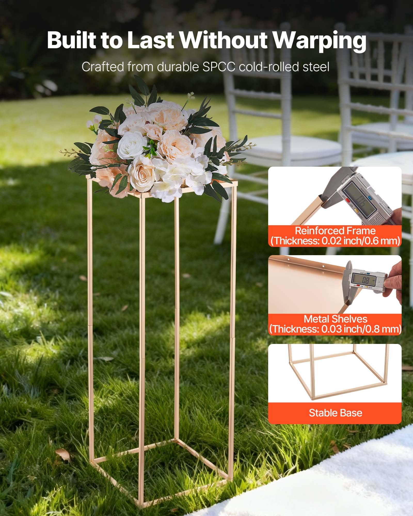 VEVOR Soporte Floral para Bodas, de Acero SPCC, 10 Piezas, con Laminado Metálico, Estante Rectangular Dorado Francés para Exhibición de Flores en Bodas, Fiestas, Cumpleaños y Hogar, 280 x 280 x 800 mm