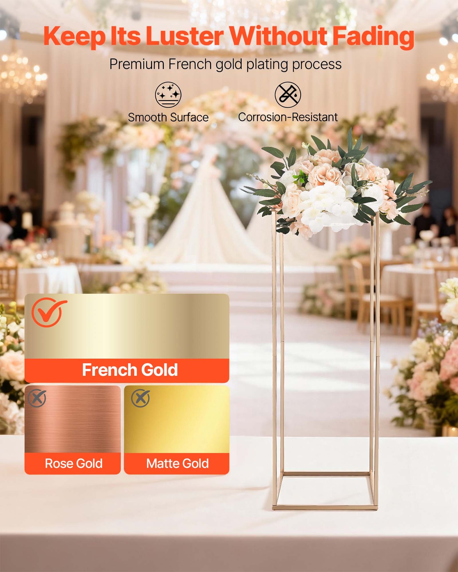 VEVOR Soporte Floral para Bodas, de Acero SPCC, 10 Piezas, con Laminado Metálico, Estante Rectangular Dorado Francés para Exhibición de Flores en Bodas, Fiestas, Cumpleaños y Hogar, 280 x 280 x 800 mm