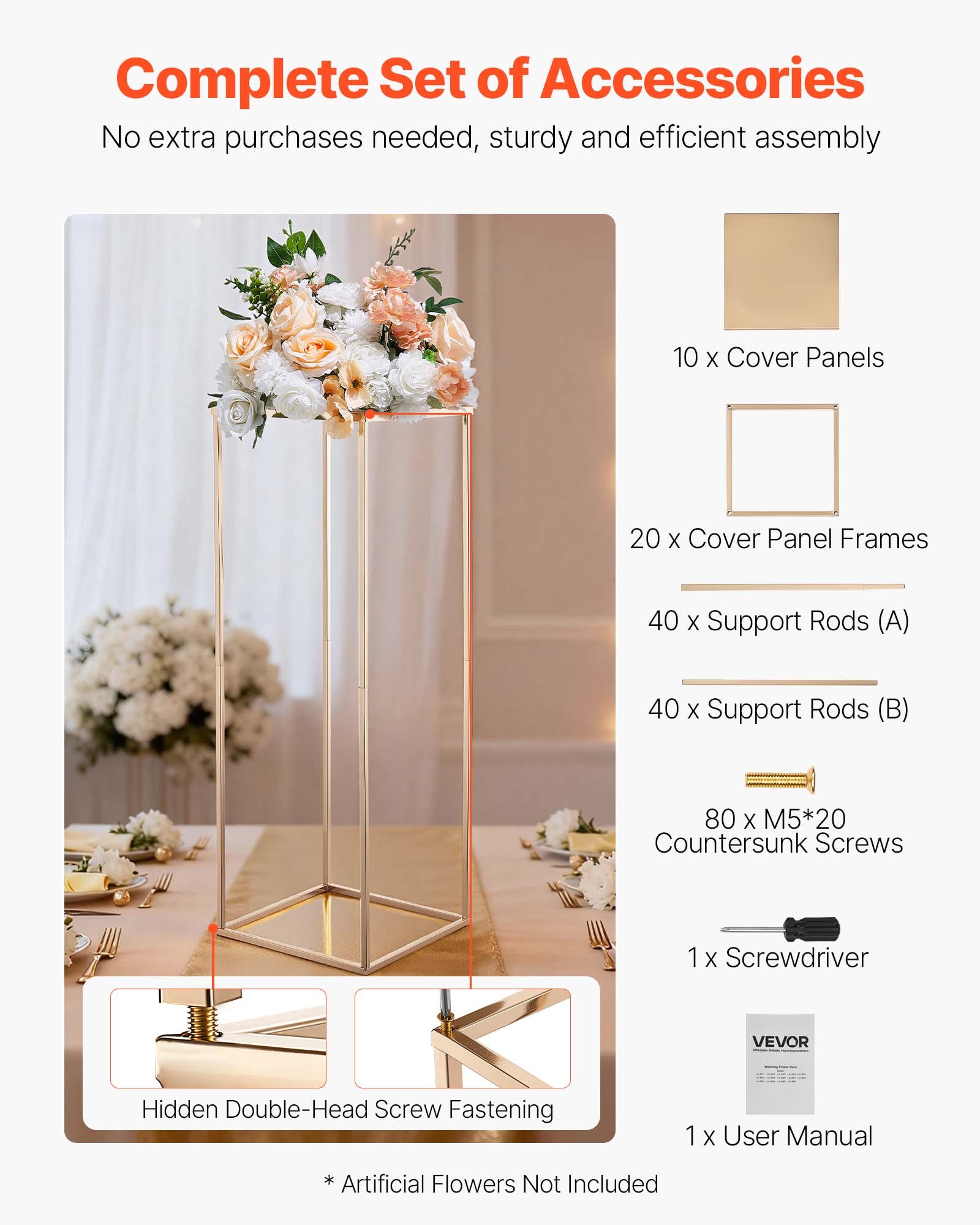 VEVOR Soporte Floral para Bodas, de Acero SPCC, 10 Piezas, con Laminado Metálico, Estante Rectangular Dorado Francés para Exhibición de Flores en Bodas, Fiestas, Cumpleaños y Hogar, 280 x 280 x 800 mm
