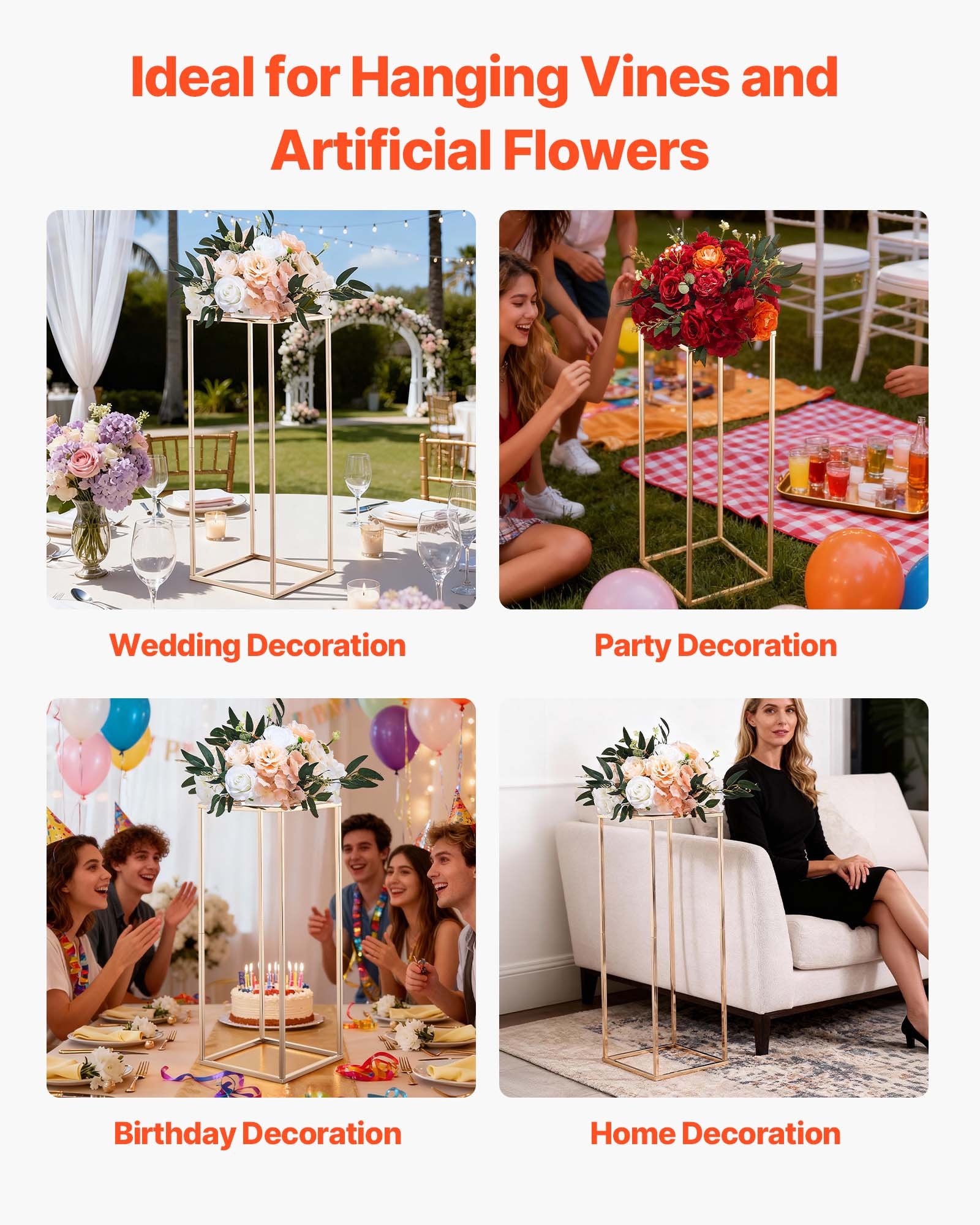 VEVOR Soporte Floral para Bodas, de Acero SPCC, 10 Piezas, con Laminado Metálico, Estante Rectangular Dorado Francés para Exhibición de Flores en Bodas, Fiestas, Cumpleaños y Hogar, 280 x 280 x 800 mm