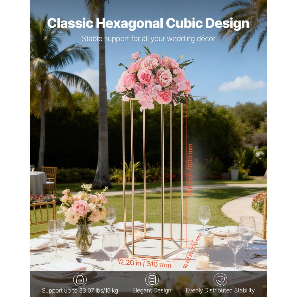 VEVOR Soporte Floral Dorado para Bodas, con Laminado Acrílico, Diseño Elegante, Expositor Hexagonal Cúbico para Fiestas, Cumpleaños, y Centros de Mesa, 310 x 270 x 800 mm, Carga de 15 kg, 10 uds