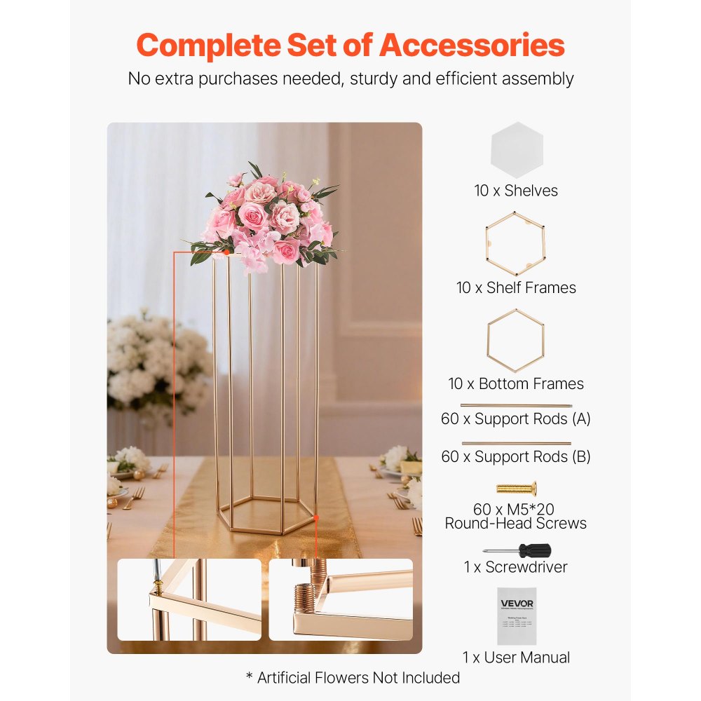 VEVOR Soporte Floral Dorado para Bodas, con Laminado Acrílico, Diseño Elegante, Expositor Hexagonal Cúbico para Fiestas, Cumpleaños, y Centros de Mesa, 310 x 270 x 800 mm, Carga de 15 kg, 10 uds
