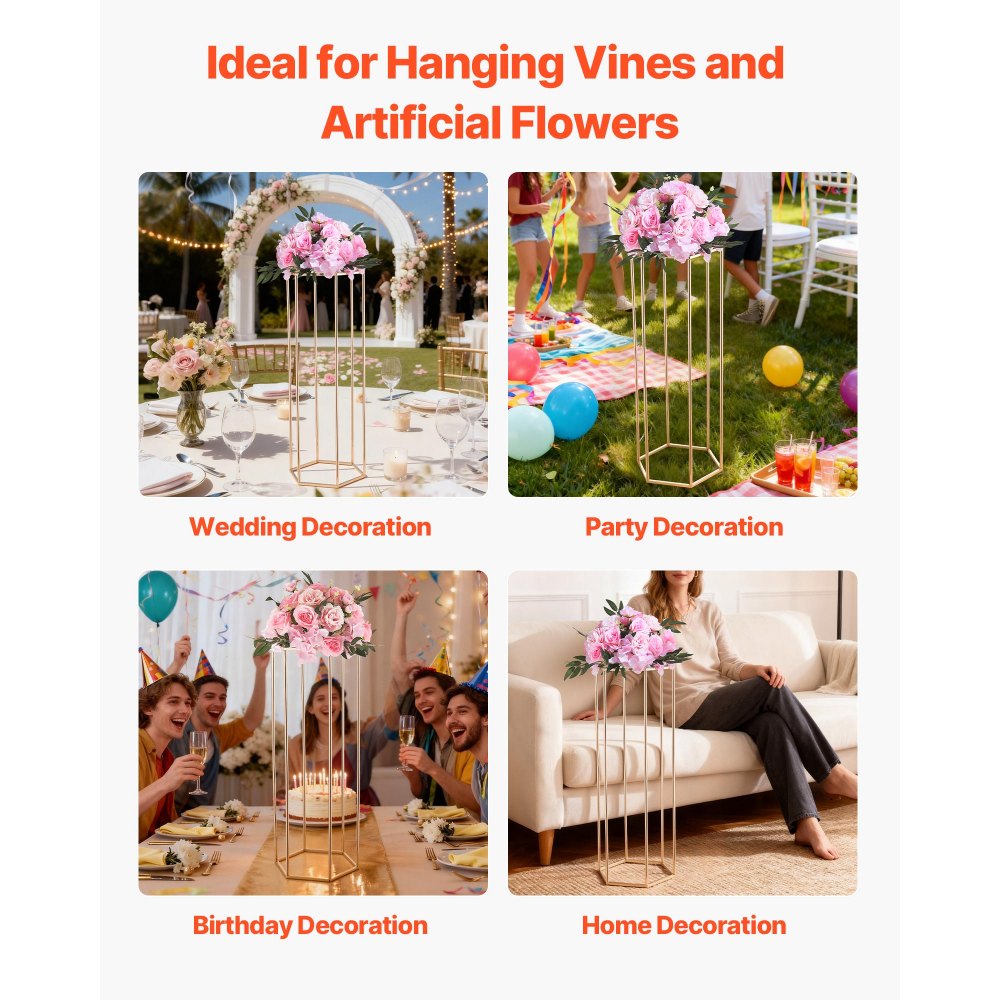 VEVOR Soporte Floral Dorado para Bodas, con Laminado Acrílico, Diseño Elegante, Expositor Hexagonal Cúbico para Fiestas, Cumpleaños, y Centros de Mesa, 310 x 270 x 800 mm, Carga de 15 kg, 10 uds