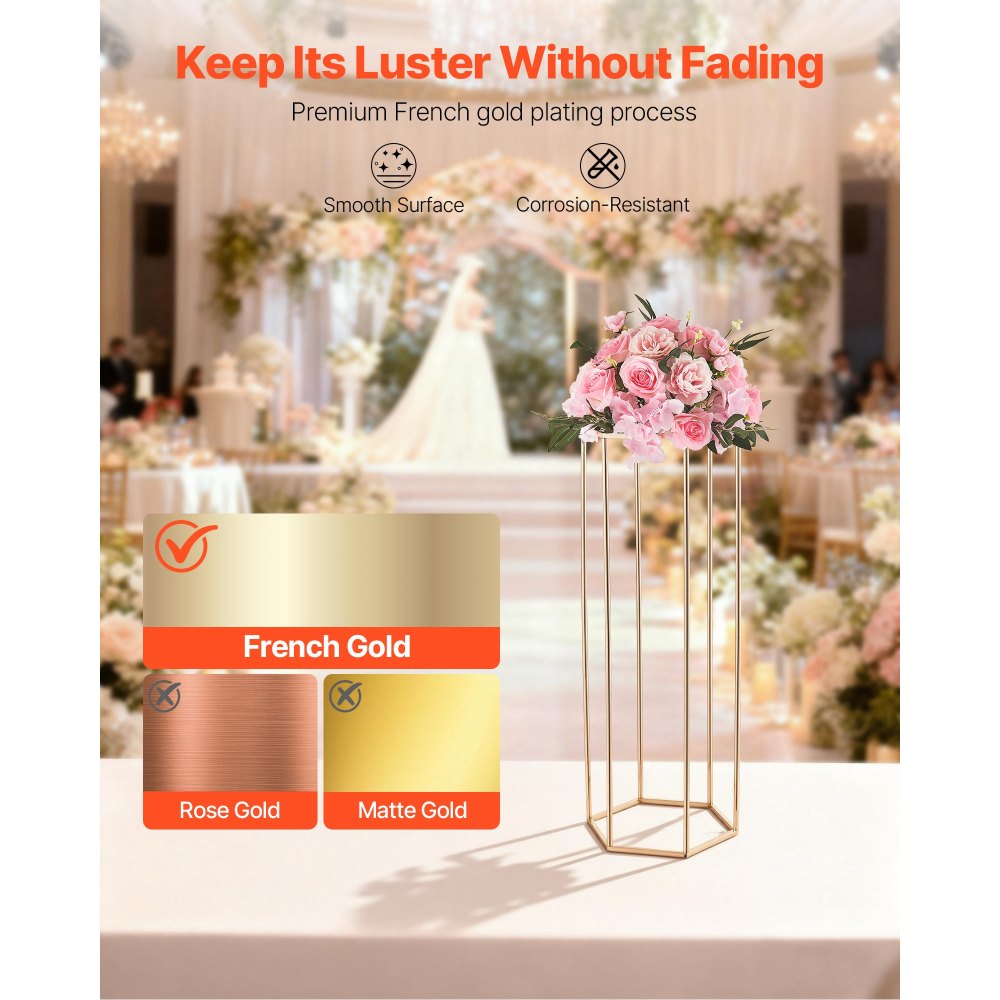 VEVOR Soporte Floral Dorado Francés para Bodas, con Laminado Acrílico, Diseño Elegante, Expositor Hexagonal Cúbico para Fiestas, Cumpleaños, Centros de Mesa, 310 x 270 x 800 mm, Carga de 15 kg, 10 uds