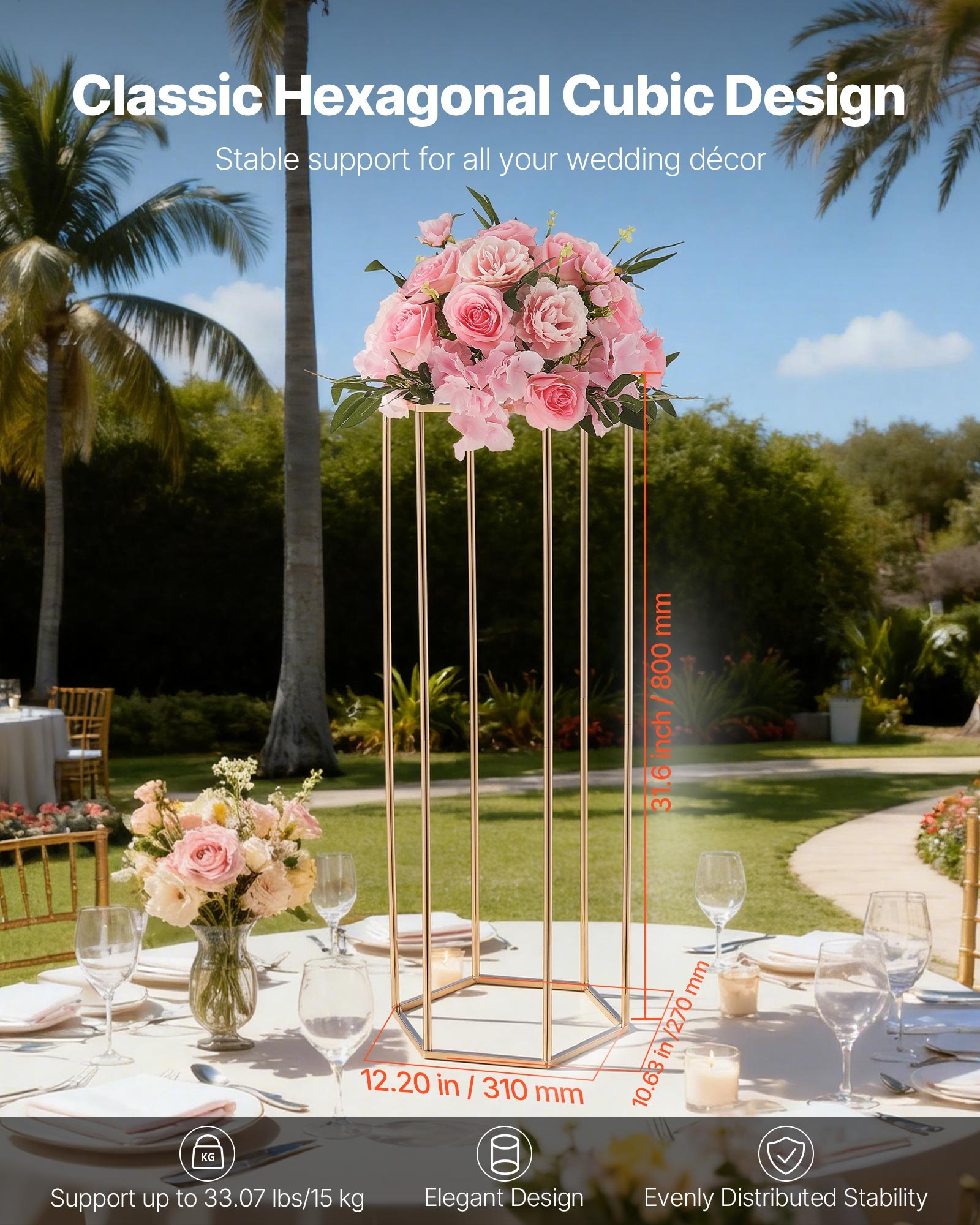 VEVOR Soporte Floral Dorado Francés para Bodas, con Laminado Acrílico, Diseño Elegante, Expositor Hexagonal Cúbico para Fiestas, Cumpleaños, Centros de Mesa, 310 x 270 x 800 mm, Carga de 15 kg, 10 uds