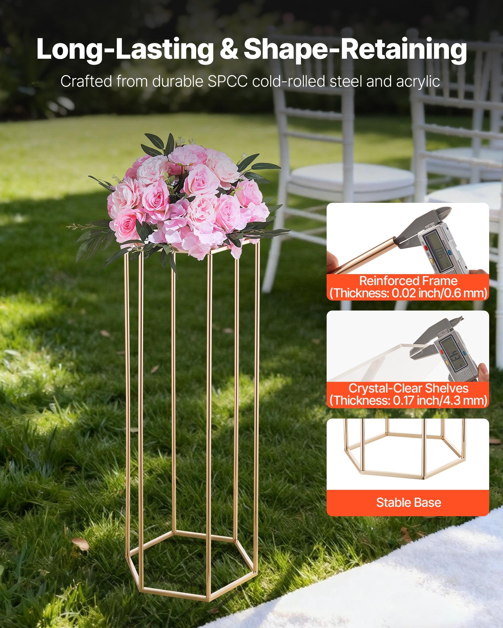 VEVOR Soporte Floral Dorado Francés para Bodas, con Laminado Acrílico, Diseño Elegante, Expositor Hexagonal Cúbico para Fiestas, Cumpleaños, Centros de Mesa, 310 x 270 x 800 mm, Carga de 15 kg, 10 uds