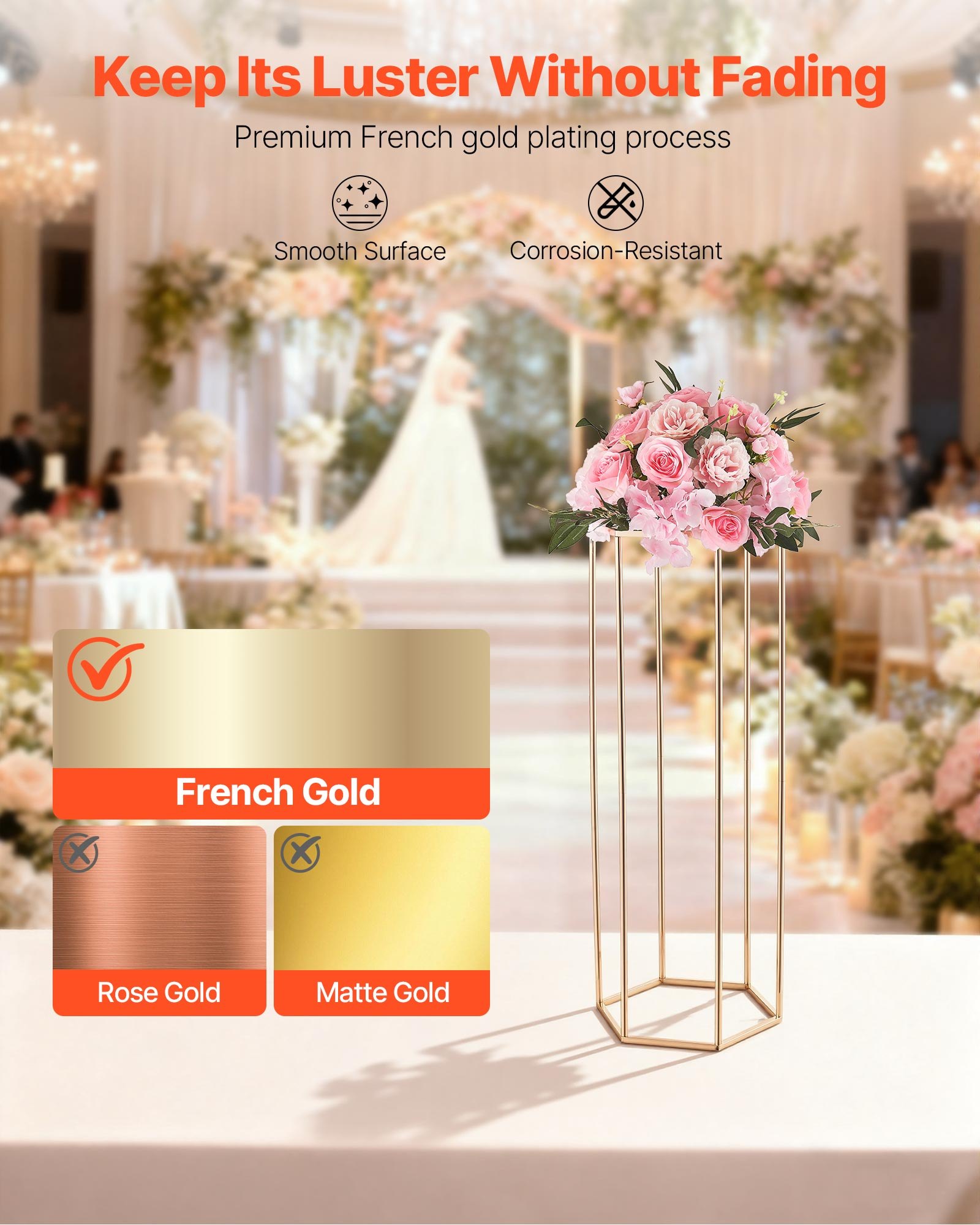 VEVOR Soporte Floral Dorado Francés para Bodas, con Laminado Acrílico, Diseño Elegante, Expositor Hexagonal Cúbico para Fiestas, Cumpleaños, Centros de Mesa, 310 x 270 x 800 mm, Carga de 15 kg, 10 uds