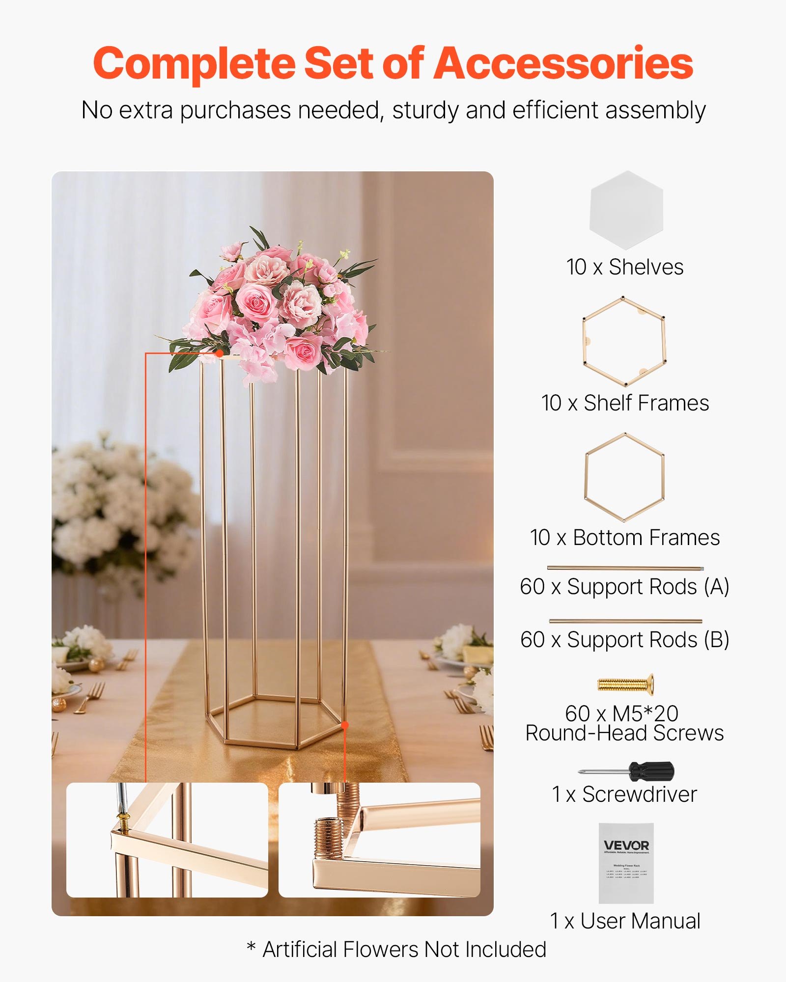 VEVOR Soporte Floral Dorado Francés para Bodas, con Laminado Acrílico, Diseño Elegante, Expositor Hexagonal Cúbico para Fiestas, Cumpleaños, Centros de Mesa, 310 x 270 x 800 mm, Carga de 15 kg, 10 uds