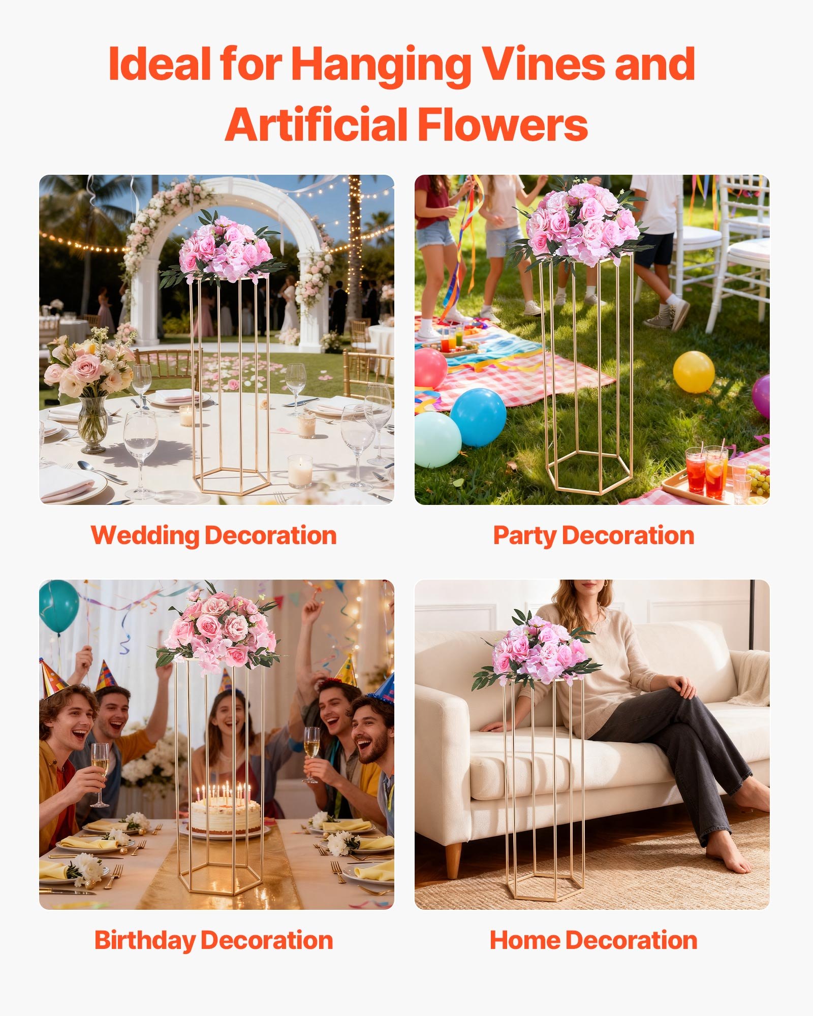 VEVOR Soporte Floral Dorado Francés para Bodas, con Laminado Acrílico, Diseño Elegante, Expositor Hexagonal Cúbico para Fiestas, Cumpleaños, Centros de Mesa, 310 x 270 x 800 mm, Carga de 15 kg, 10 uds