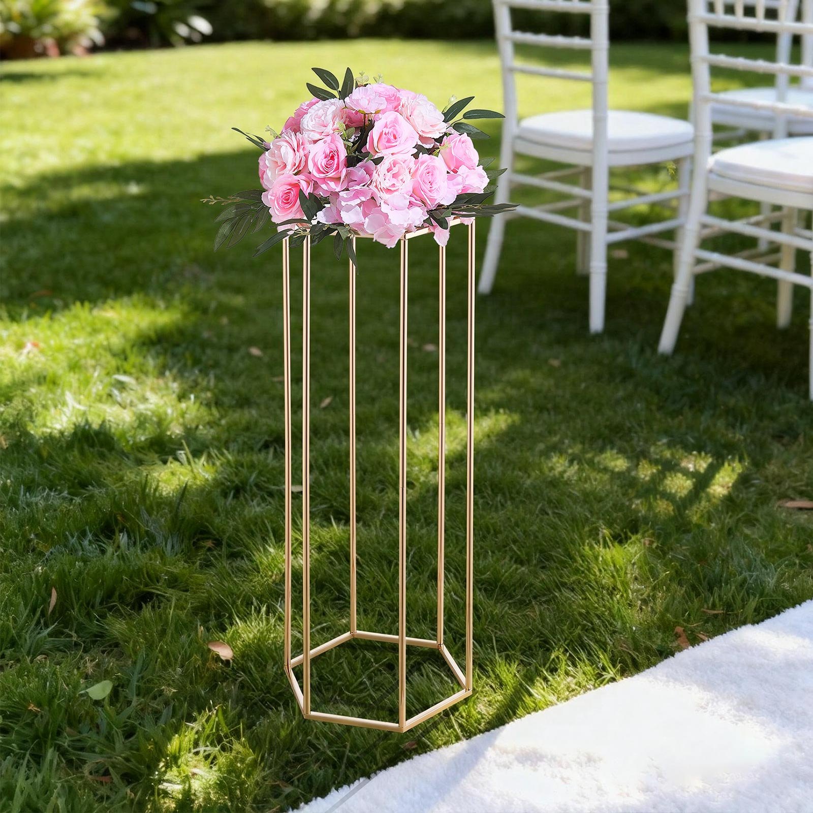 VEVOR Soporte Floral Dorado Francés para Bodas, con Laminado Acrílico, Diseño Elegante, Expositor Hexagonal Cúbico para Fiestas, Cumpleaños, Centros de Mesa, 310 x 270 x 800 mm, Carga de 15 kg, 10 uds