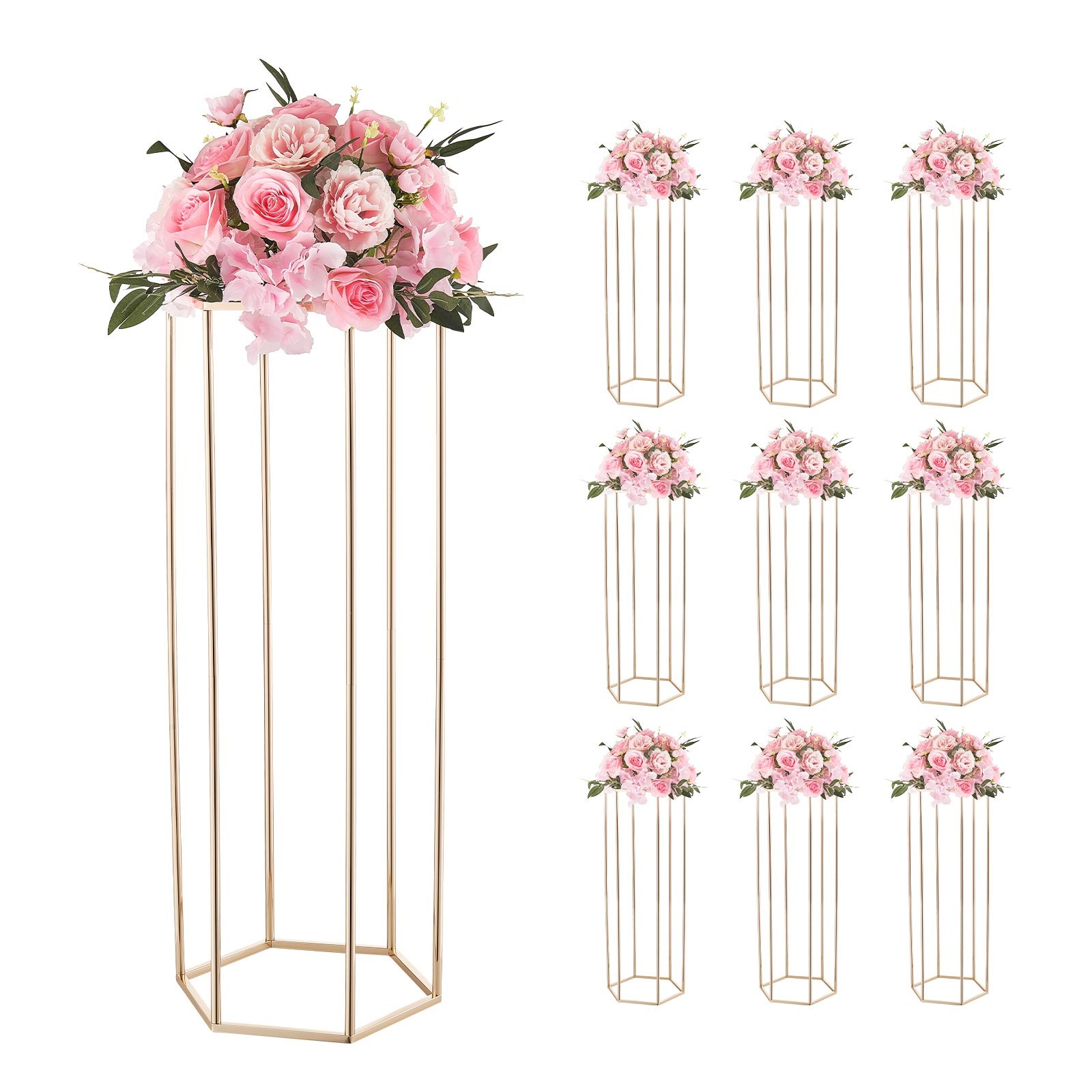 VEVOR Soporte Floral Dorado Francés para Bodas, con Laminado Acrílico, Diseño Elegante, Expositor Hexagonal Cúbico para Fiestas, Cumpleaños, Centros de Mesa, 310 x 270 x 800 mm, Carga de 15 kg, 10 uds