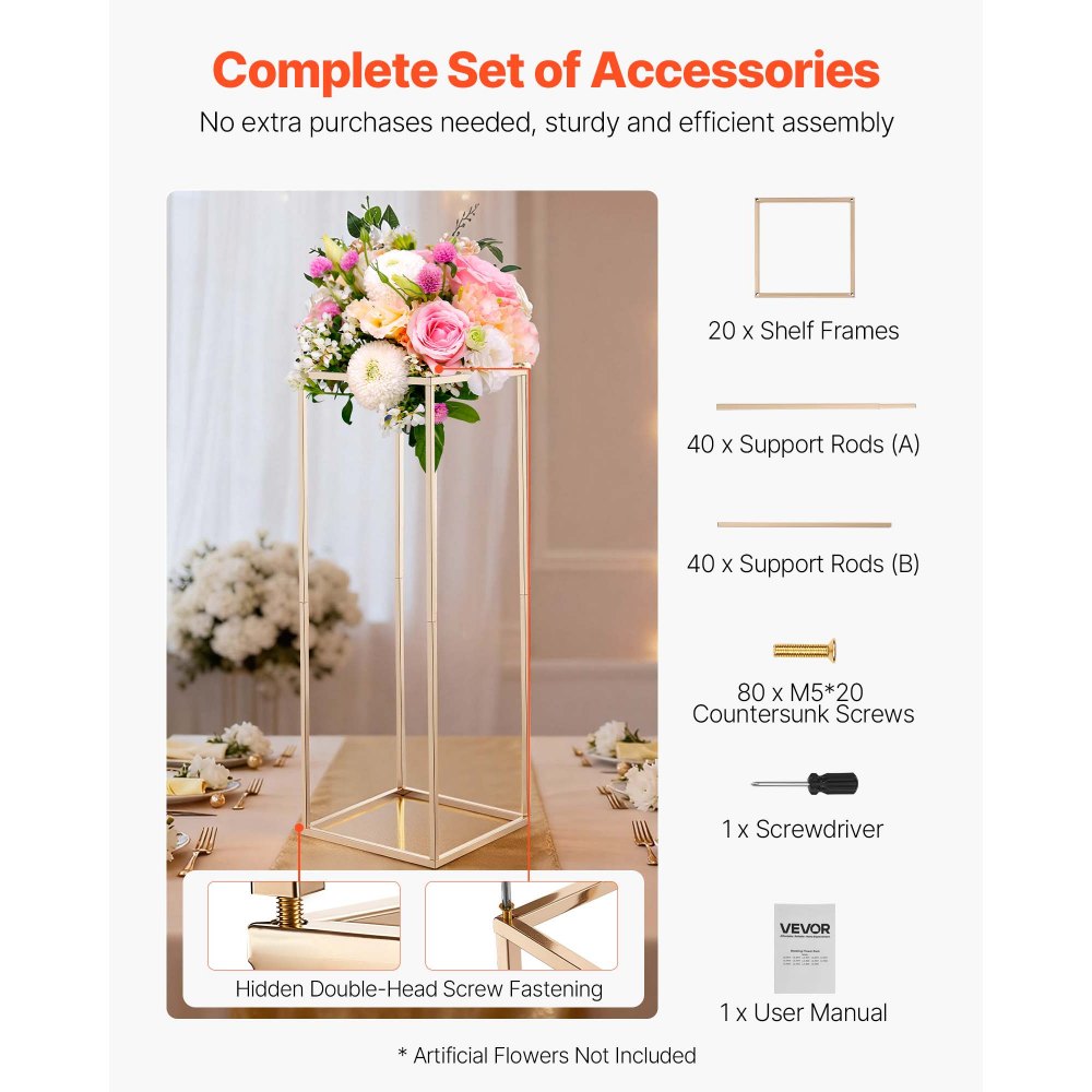 VEVOR Soporte Floral Dorado para Bodas, 10 uds, Elegante y Robusto, Tornillos Ocultos, Expositor Floral Cúbico Rectangular para Bodas, Fiestas, Cumpleaños y Centros de Mesa, 280 x 280 x 800 mm