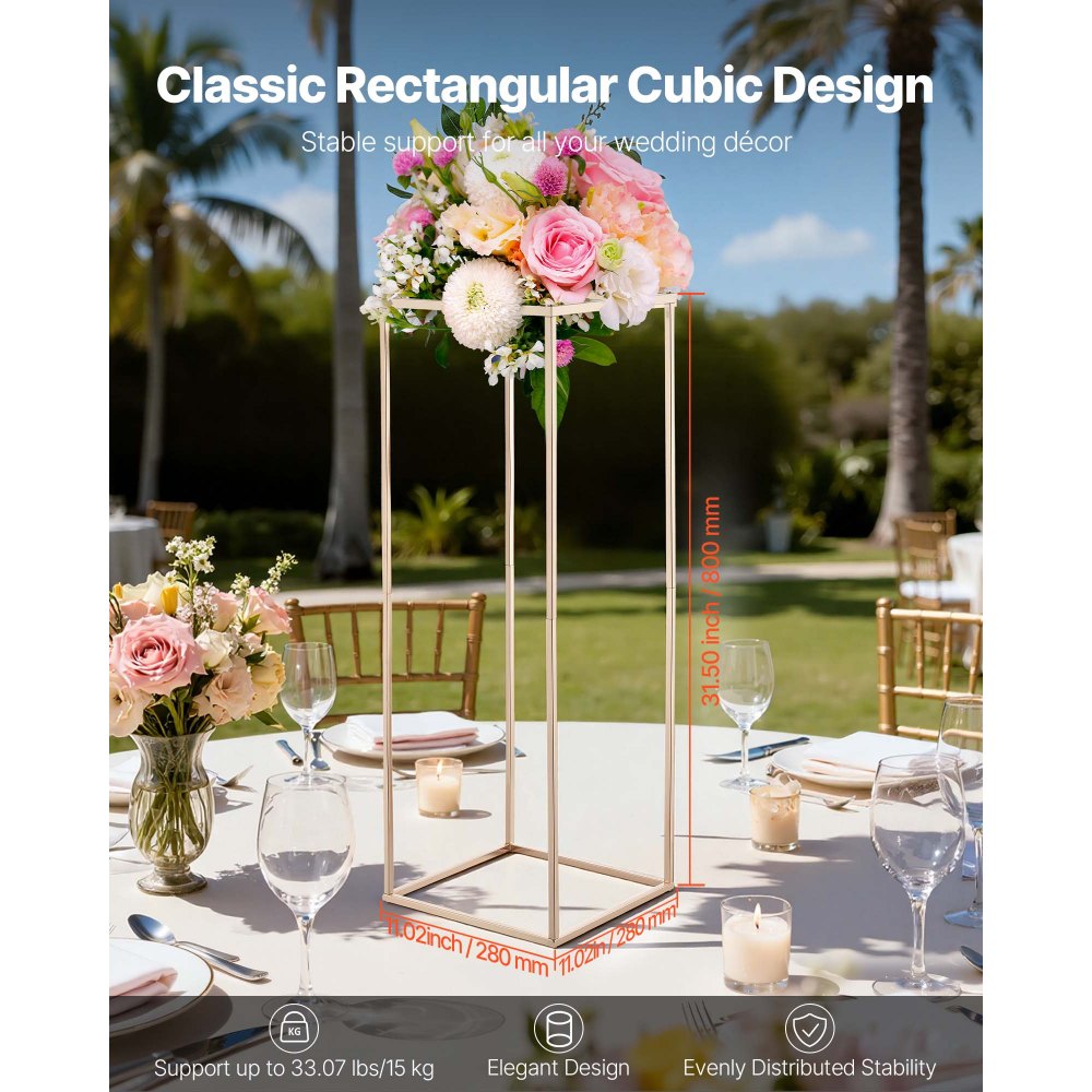 VEVOR Soporte Floral Dorado Francés para Bodas, 10 uds, Elegante y Robusto, Tornillos Ocultos, Expositor Floral Cúbico Rectangular para Bodas, Fiestas, Cumpleaños y Centros de Mesa, 280 x 280 x 800 mm