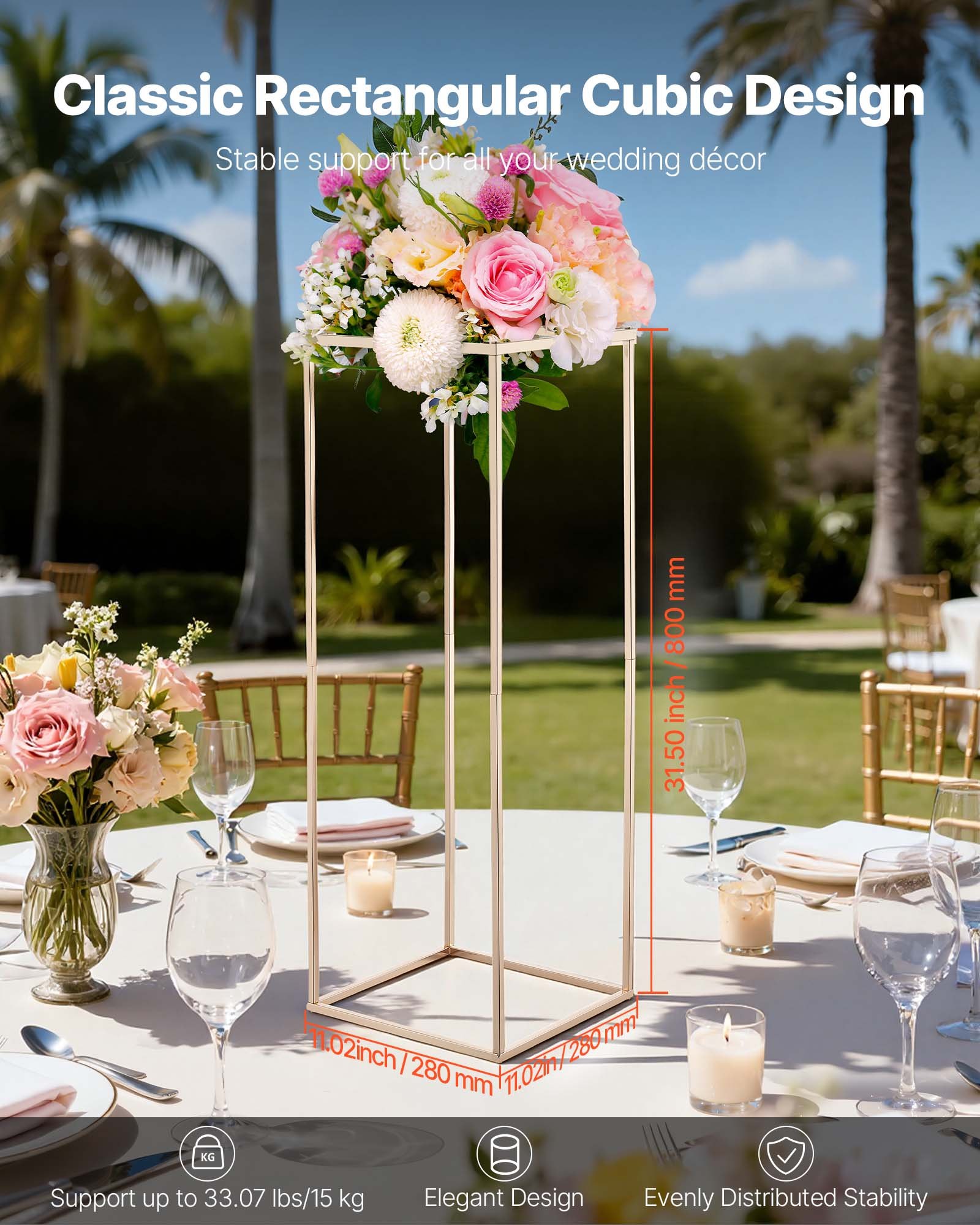 VEVOR Soporte Floral Dorado Francés para Bodas, 10 uds, Elegante y Robusto, Tornillos Ocultos, Expositor Floral Cúbico Rectangular para Bodas, Fiestas, Cumpleaños y Centros de Mesa, 280 x 280 x 800 mm