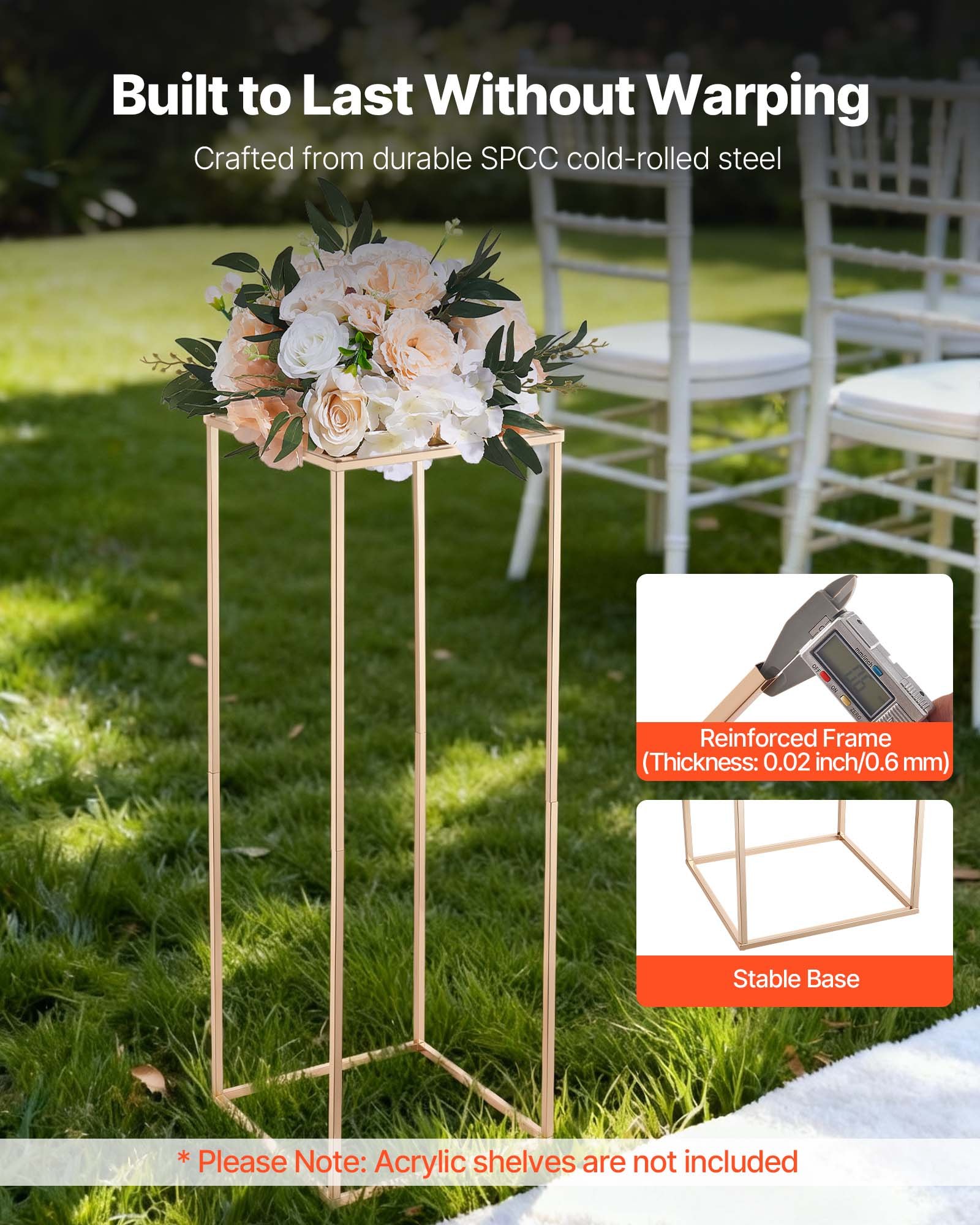 VEVOR Soporte Floral Dorado Francés para Bodas, 10 uds, Elegante y Robusto, Tornillos Ocultos, Expositor Floral Cúbico Rectangular para Bodas, Fiestas, Cumpleaños y Centros de Mesa, 280 x 280 x 800 mm