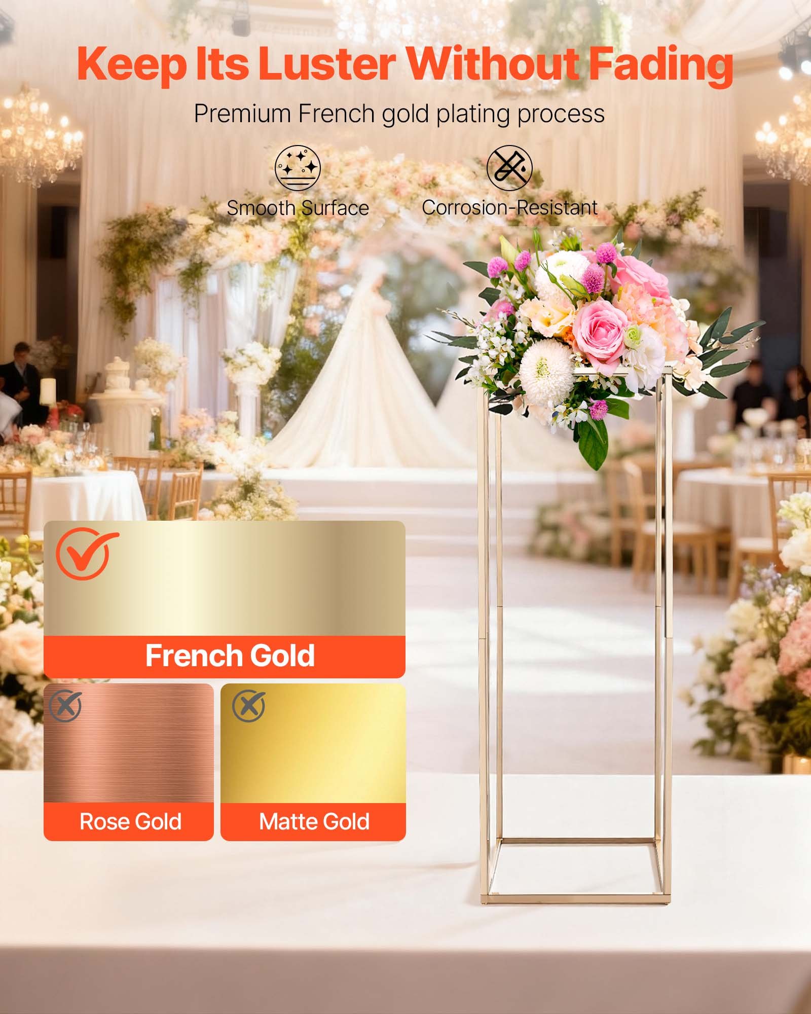 VEVOR Soporte Floral Dorado Francés para Bodas, 10 uds, Elegante y Robusto, Tornillos Ocultos, Expositor Floral Cúbico Rectangular para Bodas, Fiestas, Cumpleaños y Centros de Mesa, 280 x 280 x 800 mm