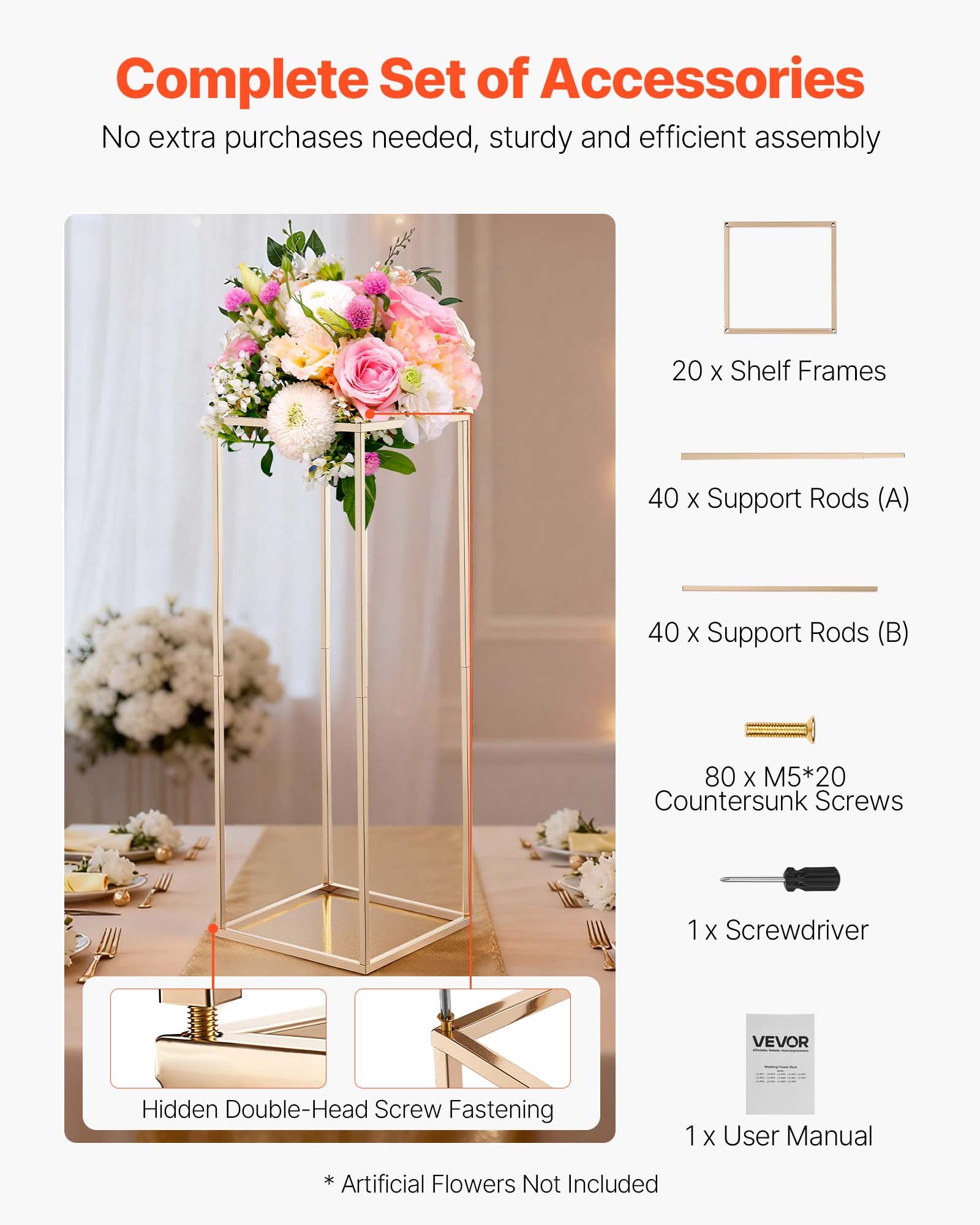 VEVOR Soporte Floral Dorado Francés para Bodas, 10 uds, Elegante y Robusto, Tornillos Ocultos, Expositor Floral Cúbico Rectangular para Bodas, Fiestas, Cumpleaños y Centros de Mesa, 280 x 280 x 800 mm