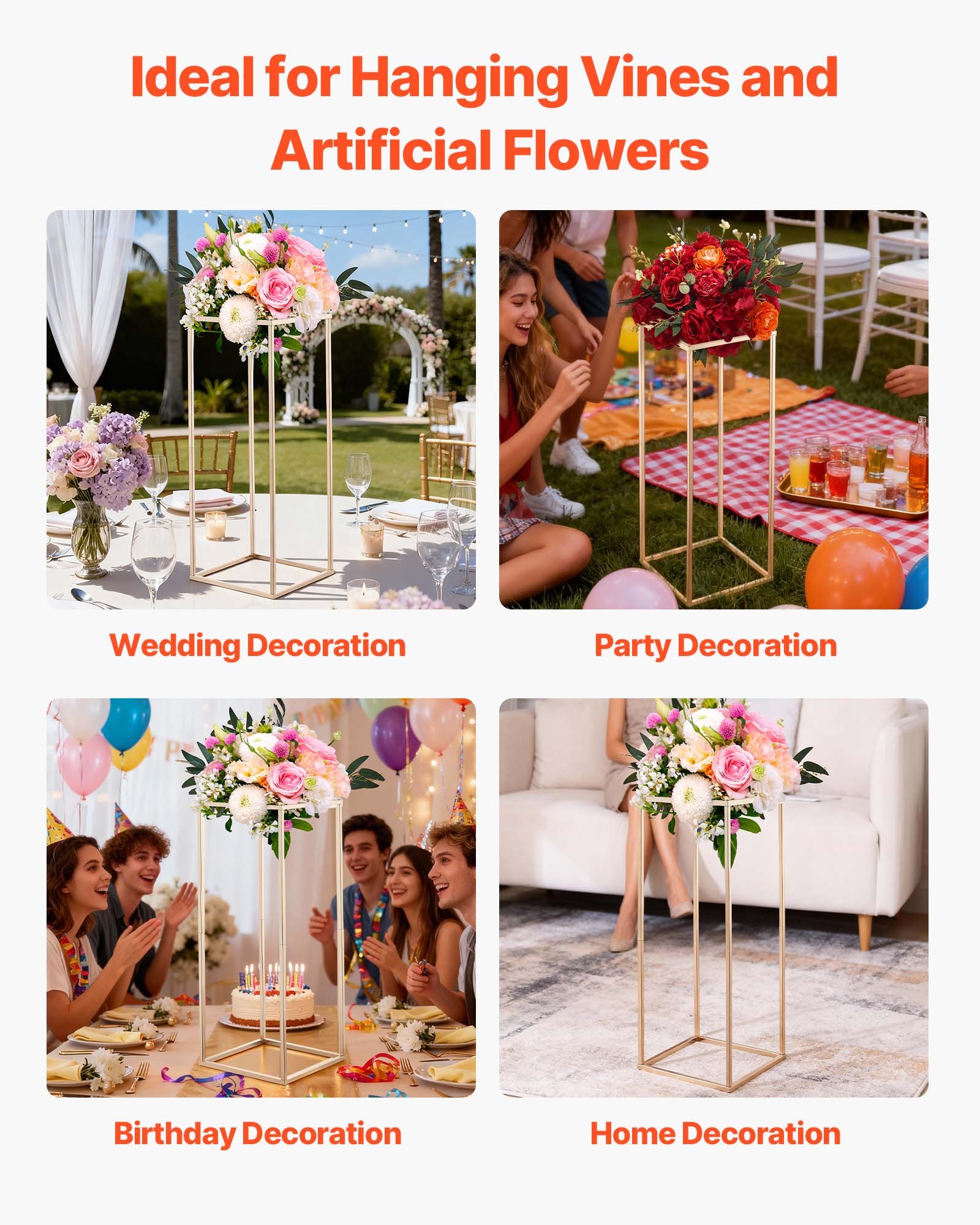 VEVOR Soporte Floral Dorado Francés para Bodas, 10 uds, Elegante y Robusto, Tornillos Ocultos, Expositor Floral Cúbico Rectangular para Bodas, Fiestas, Cumpleaños y Centros de Mesa, 280 x 280 x 800 mm