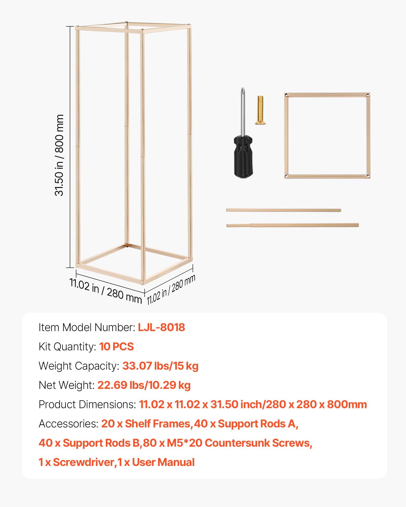 VEVOR Soporte Floral Dorado Francés para Bodas, 10 uds, Elegante y Robusto, Tornillos Ocultos, Expositor Floral Cúbico Rectangular para Bodas, Fiestas, Cumpleaños y Centros de Mesa, 280 x 280 x 800 mm