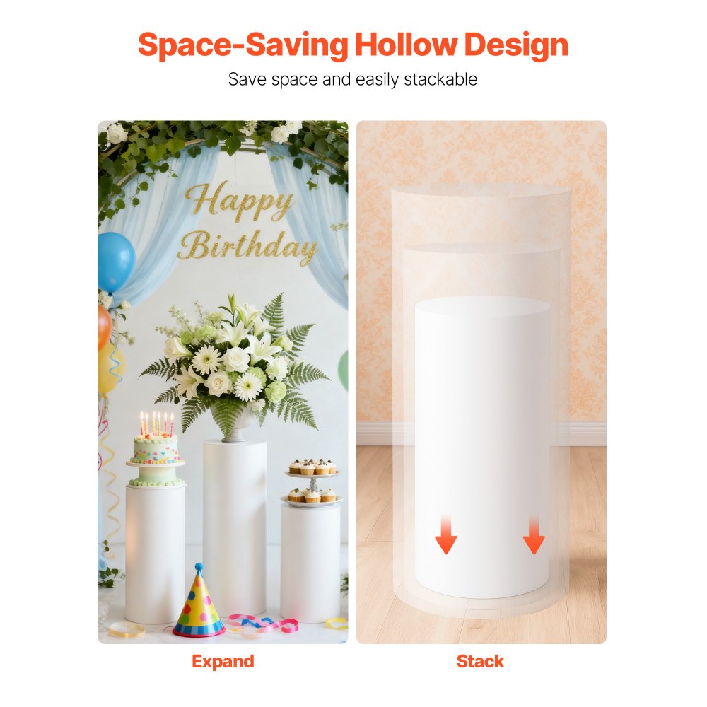 VEVOR Soporte Floral para Bodas, 3 Piezas, Pedestal Cilíndrico Redondo de 60/75/90 cm, con Tapa de PVC, Ideal para Bodas, Fiestas, Cumpleaños y Decoración Artística, Soporta hasta 15 kg