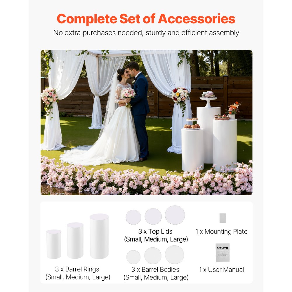 VEVOR Soporte Floral para Bodas, 3 Piezas, Pedestal Cilíndrico Redondo de 60/75/90 cm, con Tapa de PVC, Ideal para Bodas, Fiestas, Cumpleaños y Decoración Artística, Soporta hasta 15 kg