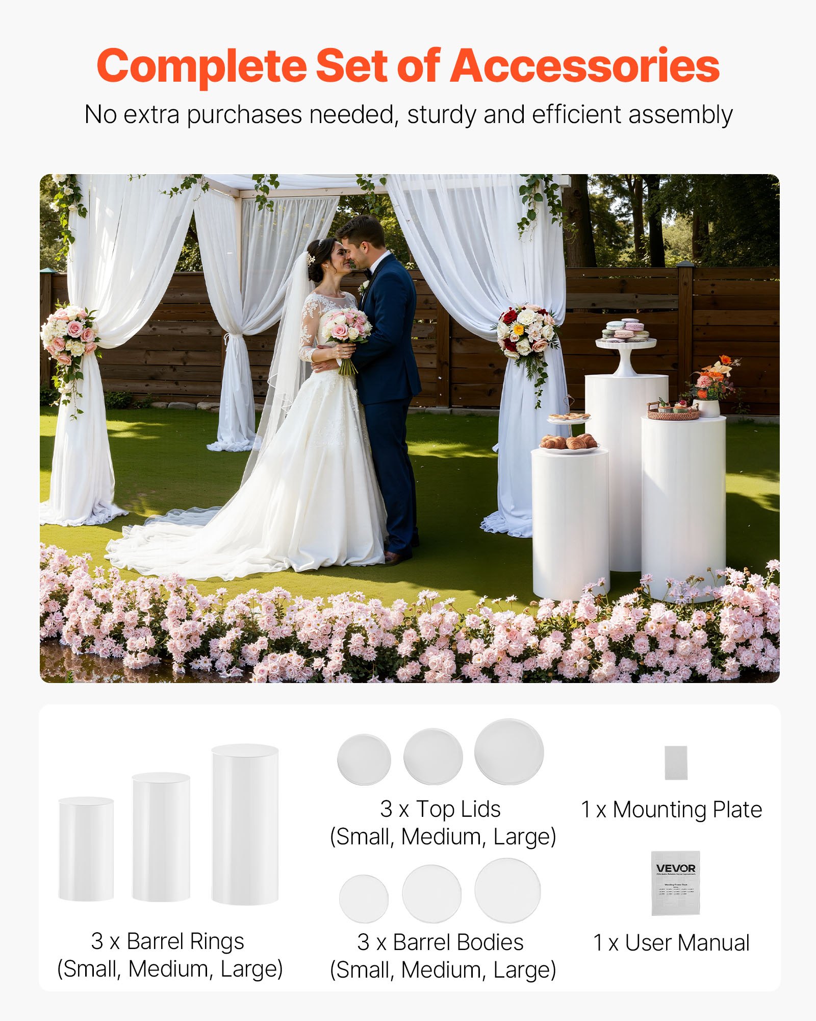 VEVOR Soporte Floral para Bodas, 3 Piezas, Pedestal Cilíndrico Redondo de 60/75/90 cm, Blanco con Tapa de PVC, Ideal para Bodas, Fiestas, Cumpleaños y Decoración Artística, Soporta hasta 15 kg