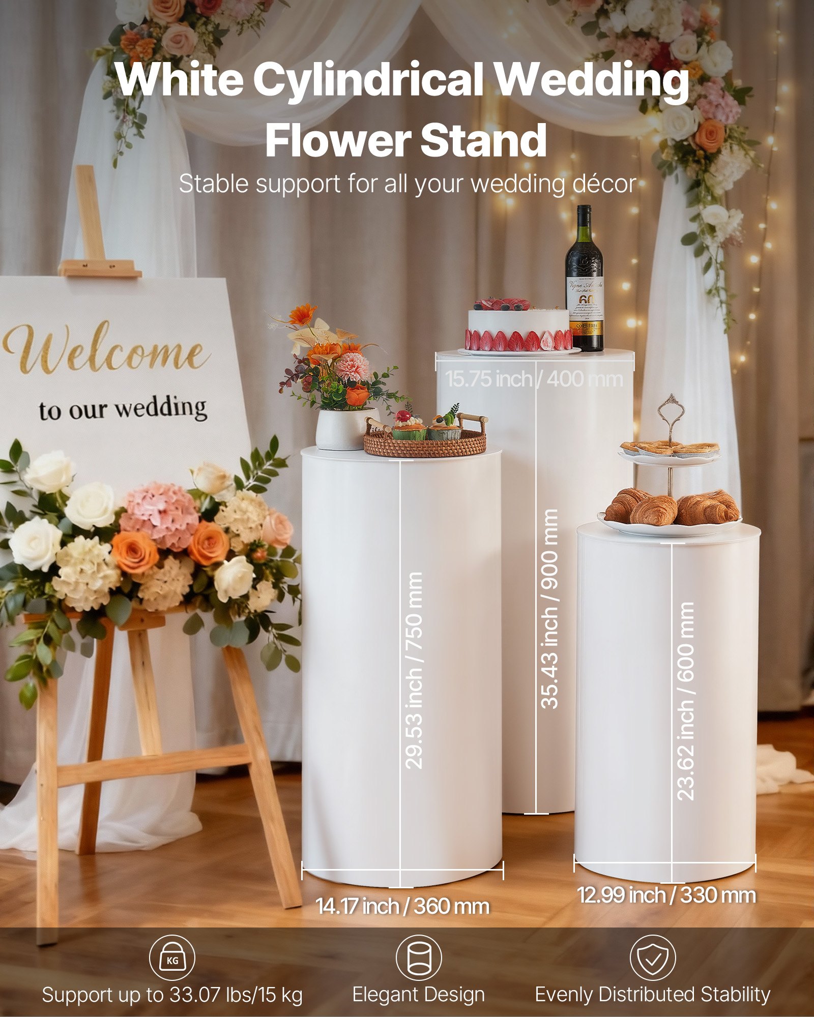 VEVOR Soporte Floral para Bodas, 3 Piezas, Pedestal Cilíndrico Redondo de 60/75/90 cm, con Tapa de PVC, Ideal para Bodas, Fiestas, Cumpleaños y Decoración Artística, Soporta hasta 15 kg