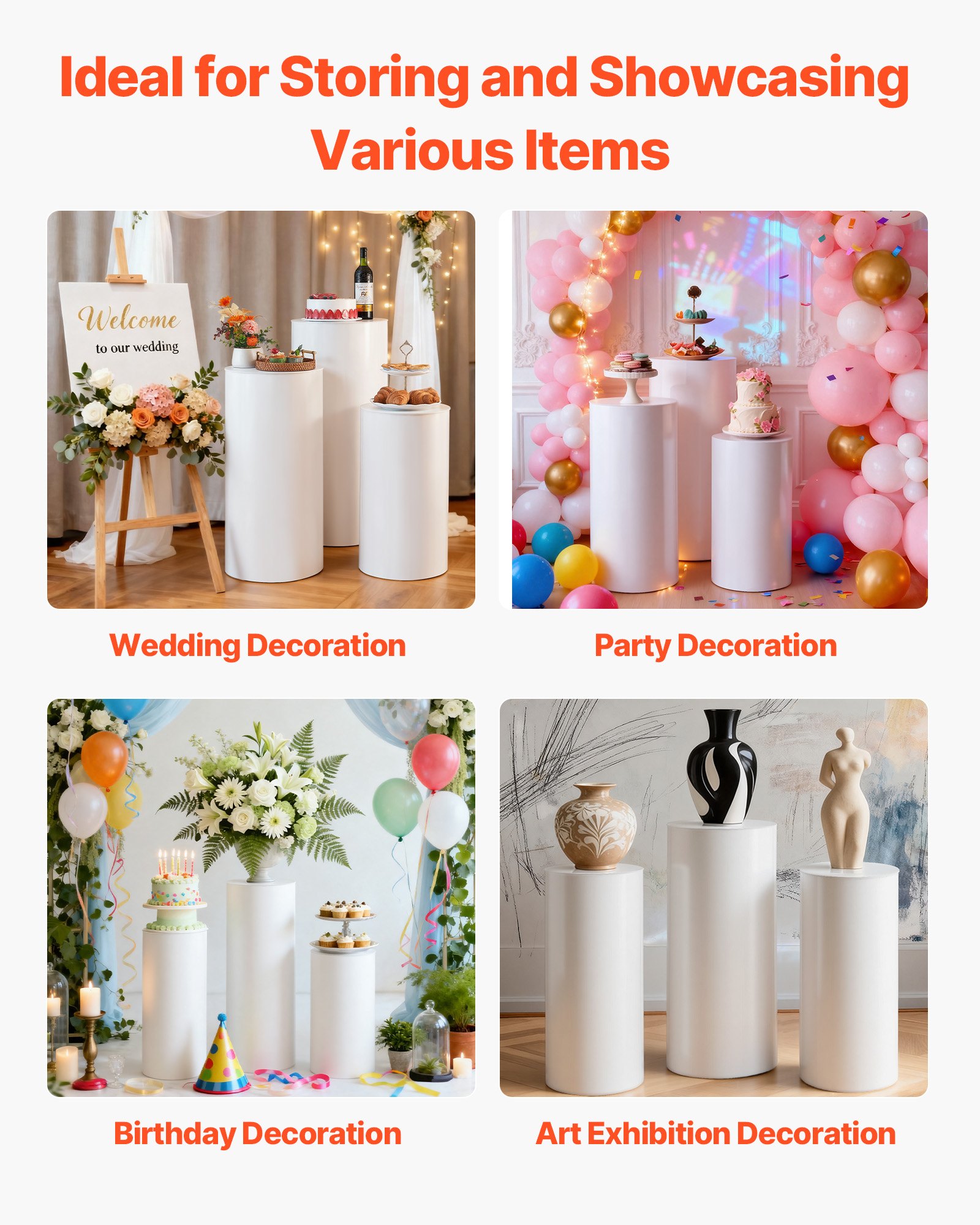 VEVOR Soporte Floral para Bodas, 3 Piezas, Pedestal Cilíndrico Redondo de 60/75/90 cm, con Tapa de PVC, Ideal para Bodas, Fiestas, Cumpleaños y Decoración Artística, Soporta hasta 15 kg