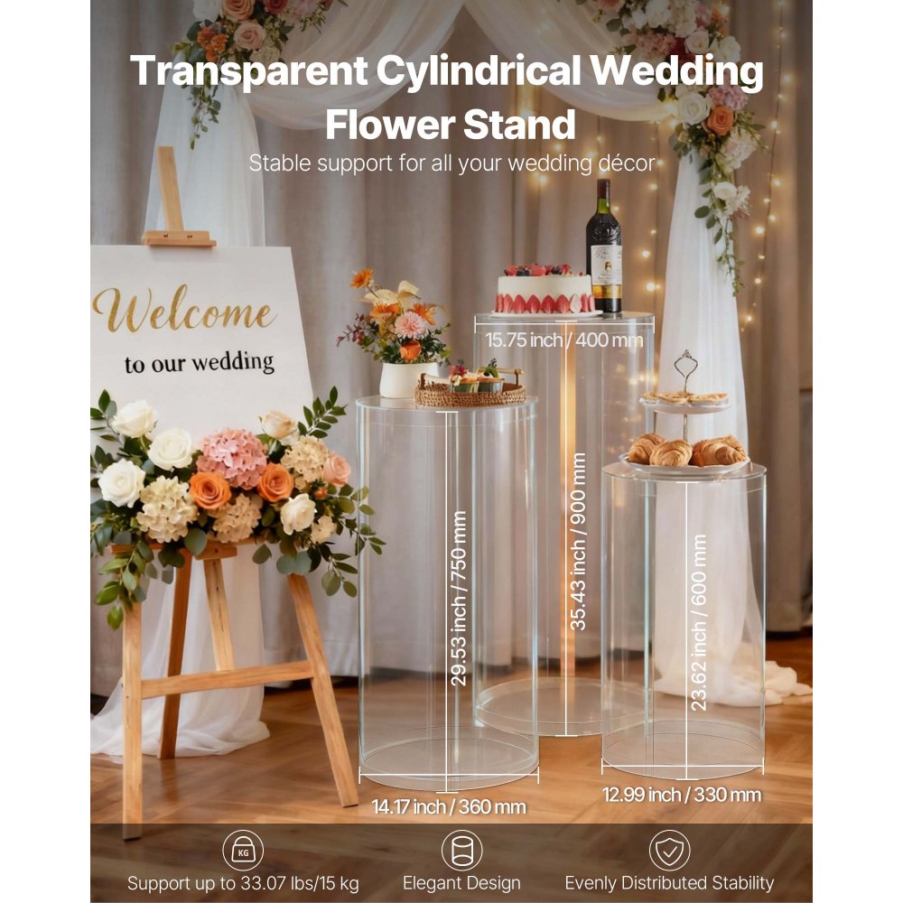VEVOR Soporte Floral para Bodas, 3 uds, Pedestal Cilíndrico Redondo de 60/75/90 cm, con Tapa Acrílica Transparente, Diseño Moderno y Duradero, para Fiestas, Cumpleaños y Decoración Artística