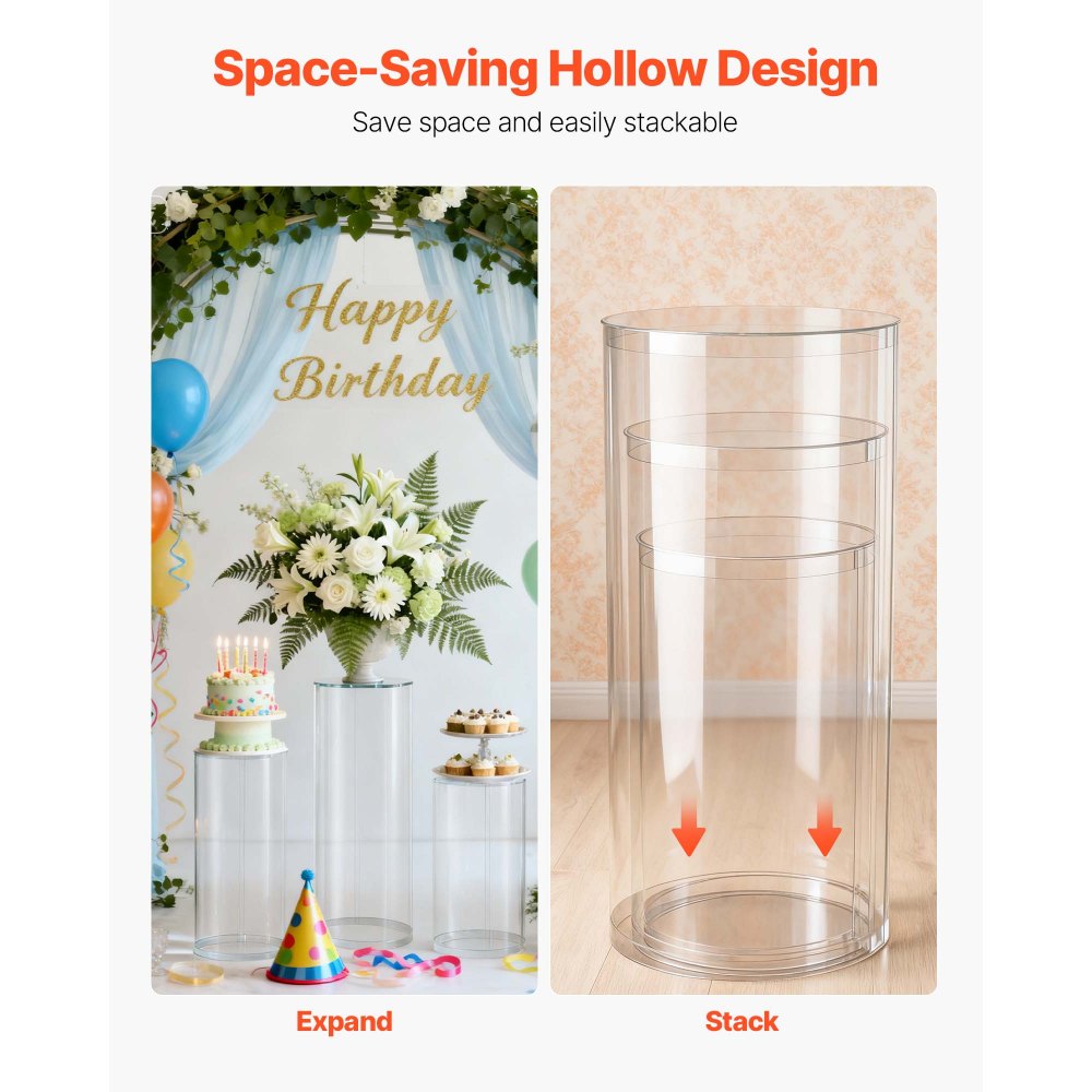 VEVOR Soporte Floral para Bodas, 3 uds, Pedestal Cilíndrico Redondo de 60/75/90 cm, con Tapa Acrílica Transparente, Diseño Moderno y Duradero, para Fiestas, Cumpleaños y Decoración Artística