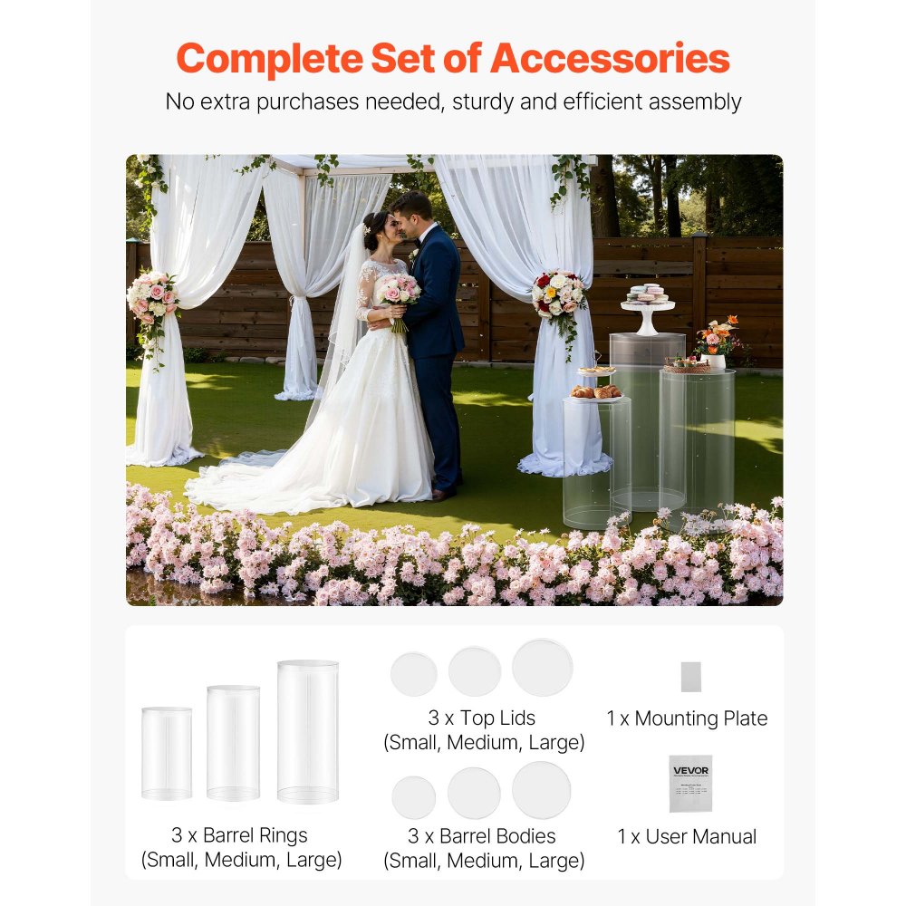 VEVOR Soporte Floral para Bodas, 3 uds, Pedestal Cilíndrico Redondo de 60/75/90 cm, con Tapa Acrílica Transparente, Diseño Moderno y Duradero, para Fiestas, Cumpleaños y Decoración Artística