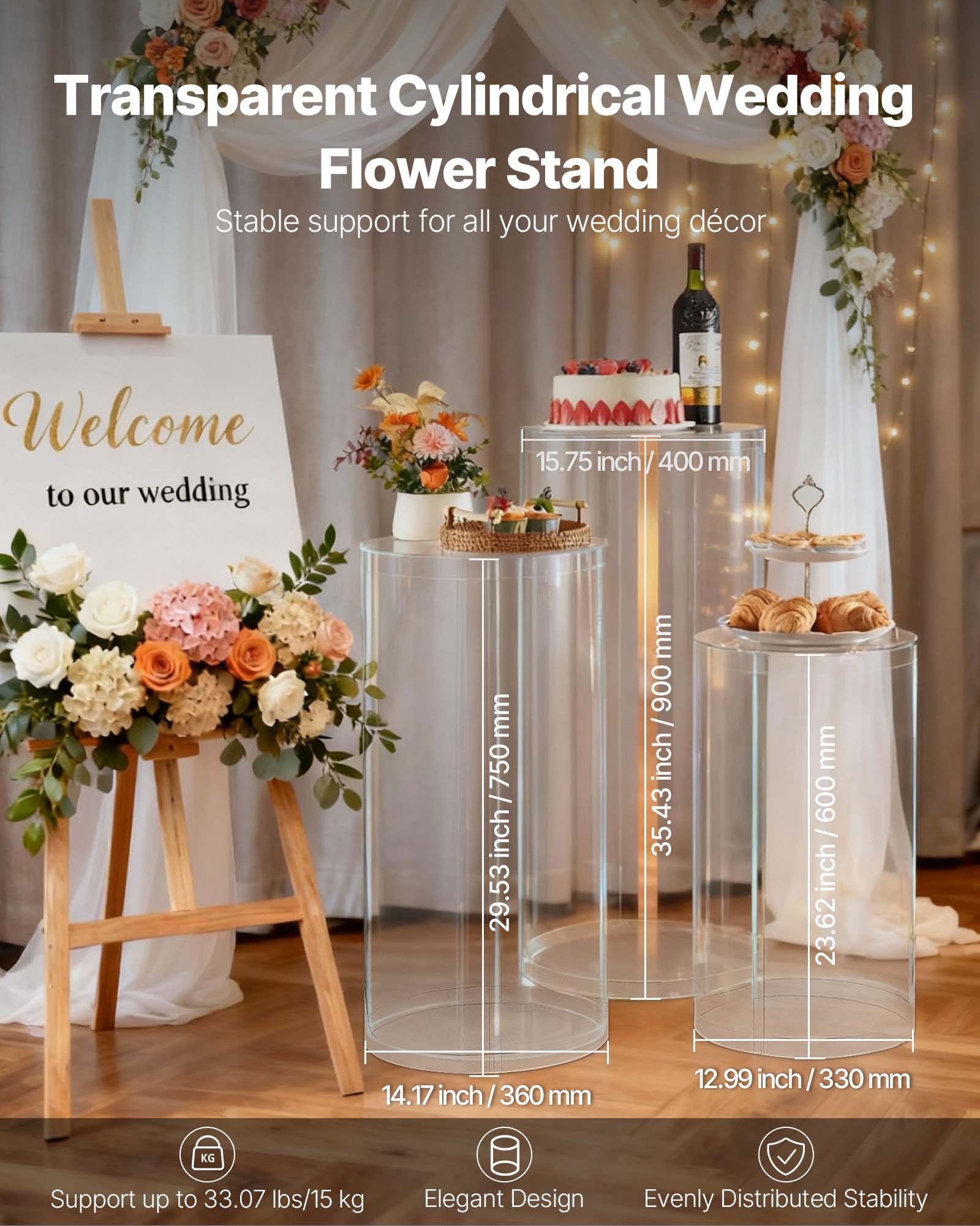 VEVOR Soporte Floral para Bodas, 3 uds, Pedestal Cilíndrico Redondo de 60/75/90 cm, con Tapa Acrílica Transparente, Diseño Moderno y Duradero, para Fiestas, Cumpleaños y Decoración Artística