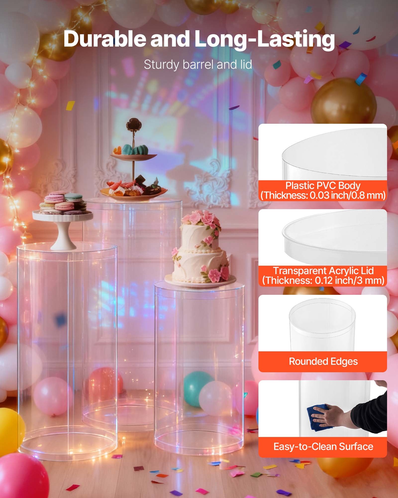 VEVOR Soporte Floral para Bodas, 3 uds, Pedestal Cilíndrico Redondo de 60/75/90 cm, con Tapa Acrílica Transparente, Diseño Moderno y Duradero, para Fiestas, Cumpleaños y Decoración Artística