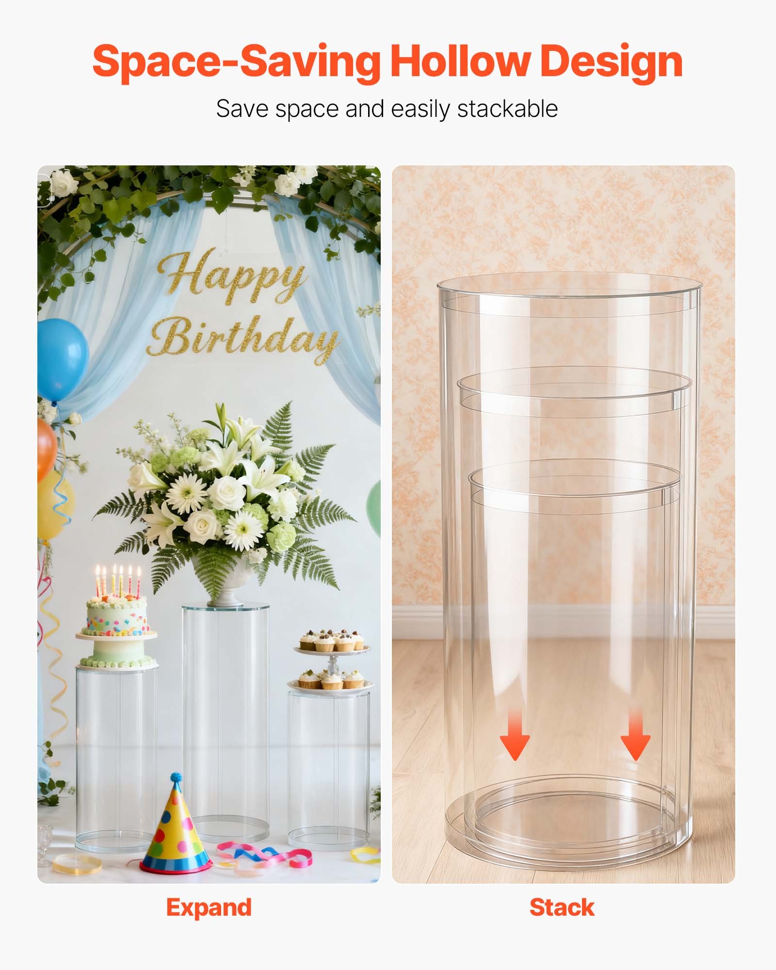 VEVOR Soporte Floral para Bodas, 3 uds, Pedestal Cilíndrico Redondo de 60/75/90 cm, con Tapa Acrílica Transparente, Diseño Moderno y Duradero, para Fiestas, Cumpleaños y Decoración Artística