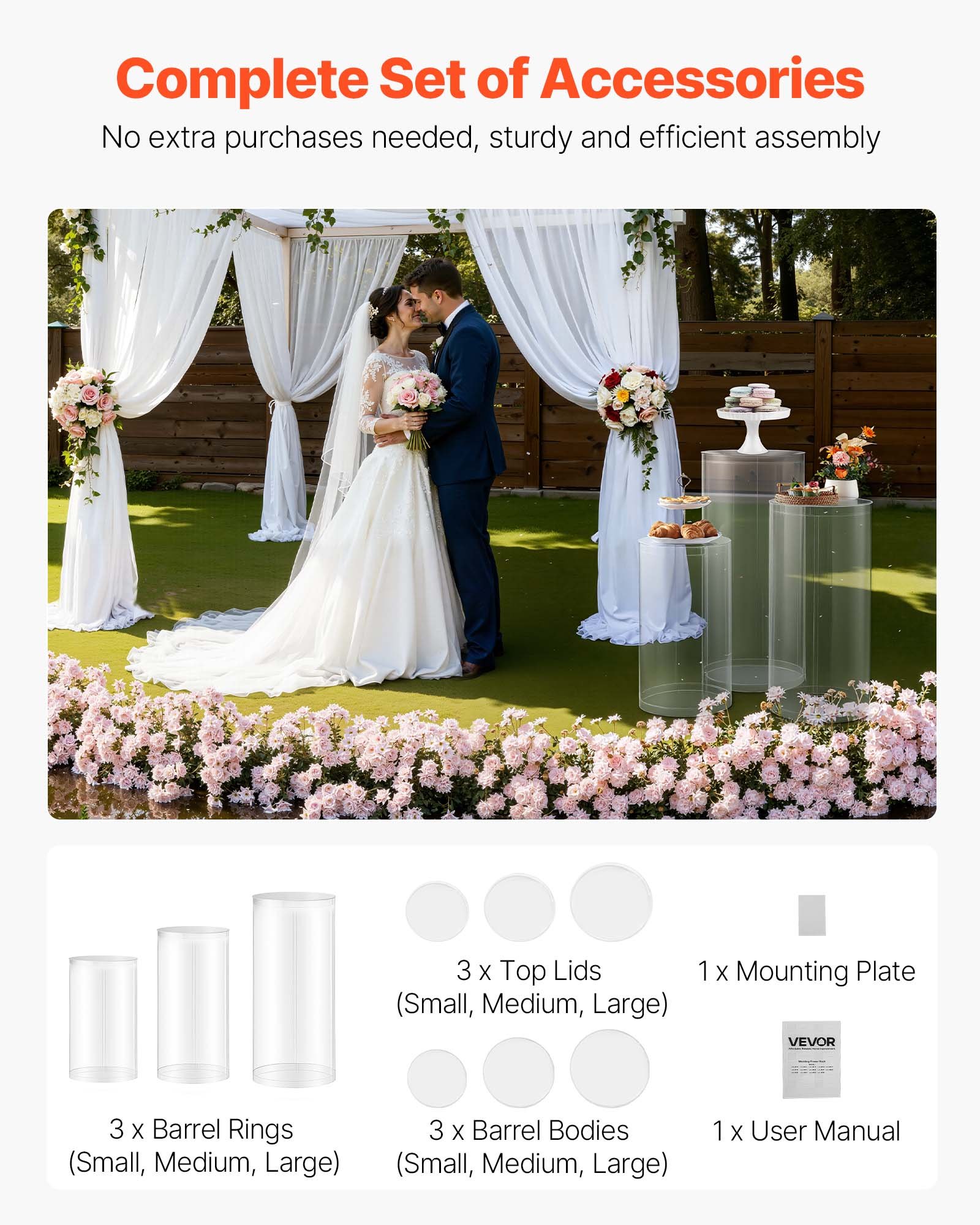 VEVOR Soporte Floral para Bodas, 3 uds, Pedestal Cilíndrico Redondo de 60/75/90 cm, con Tapa Acrílica Transparente, Diseño Moderno y Duradero, para Fiestas, Cumpleaños y Decoración Artística