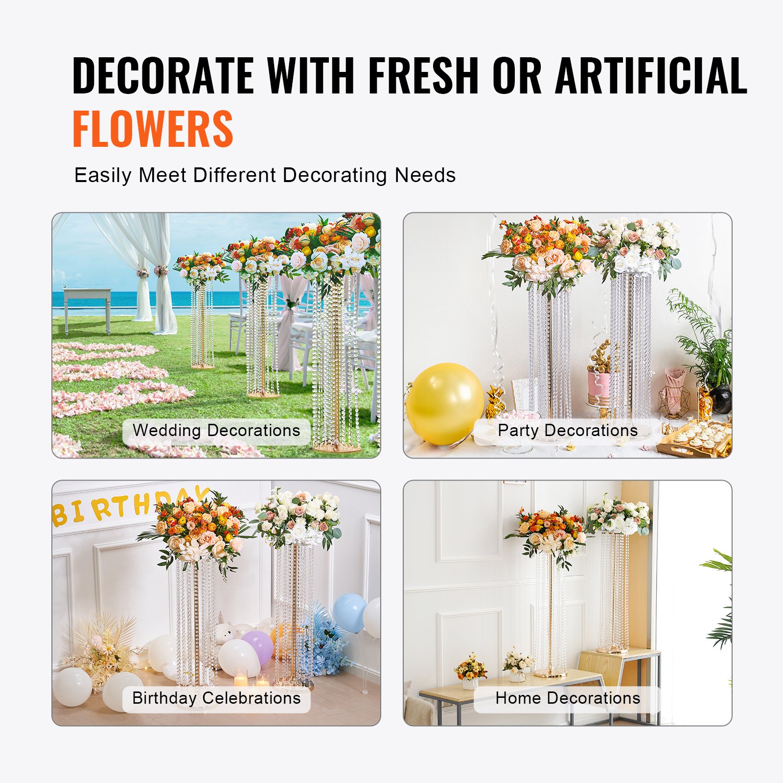 VEVOR Soportes para Flores de Boda 10 Piezas Estante de Flores de Boda Alto de 90cm Soporte de Exhibición Floral de Metal Cristal para Eventos de Recepción, Decoración del Hogar, Hotel, Fiestas, Bodas