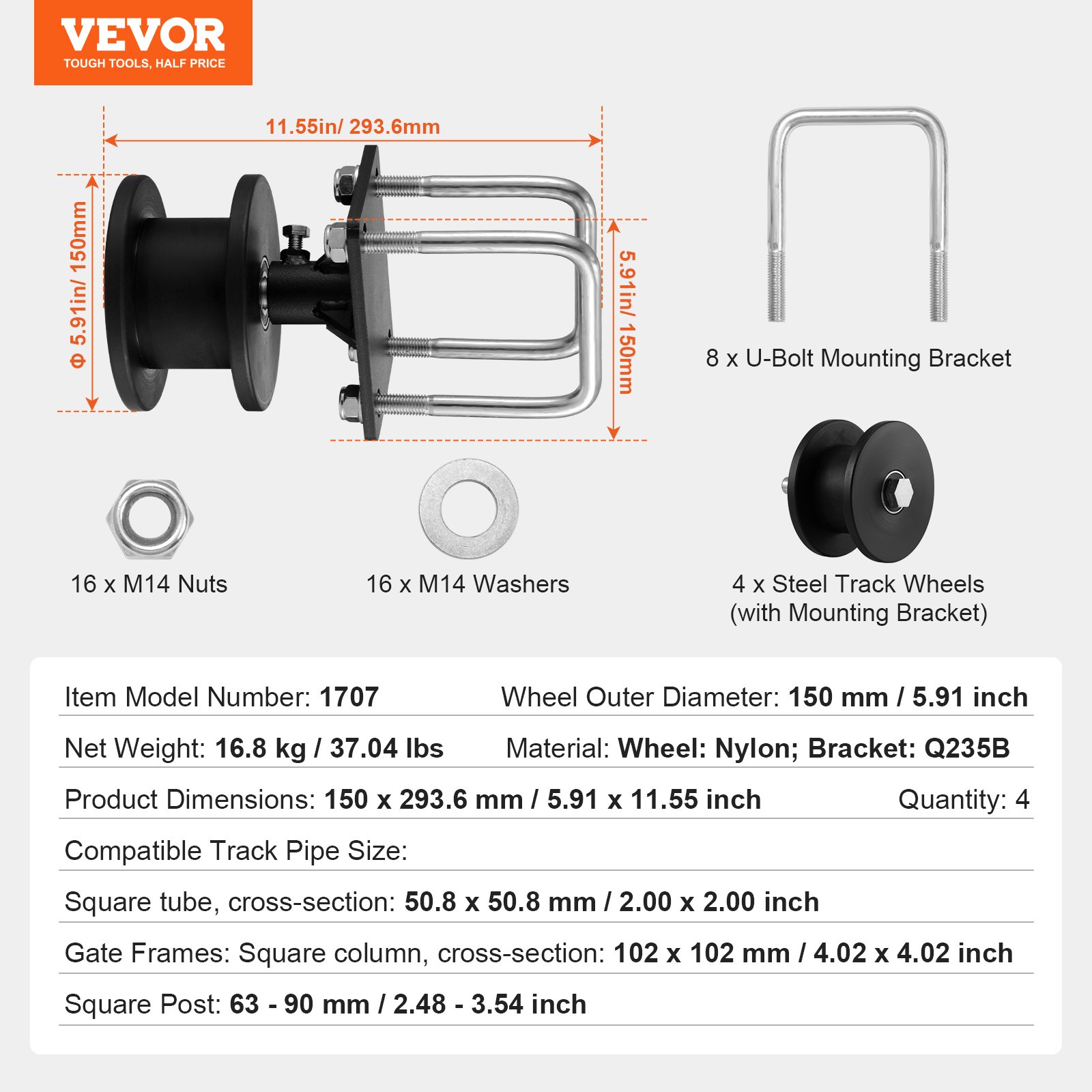 VEVOR sliding gate set 150x293.6mm, roller gate hardware set with H-shaped wheel groove for cantilever sliding gates and roller doors, sliding gate rollers with 4 track wheels, heavy-duty sliding roller, black