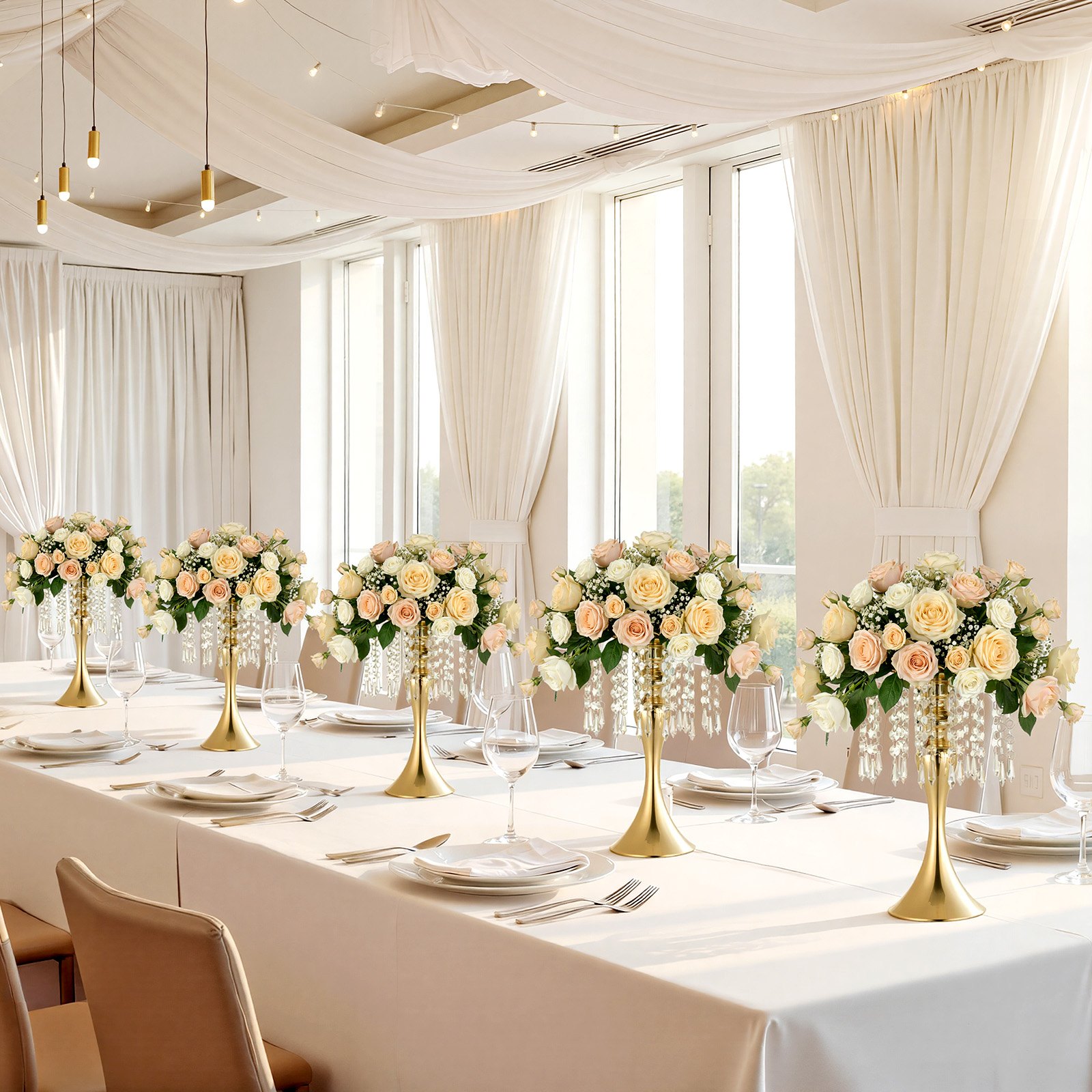 VEVOR Jarrones Decorativos, Paquete de 20 Piezas, Floreros de Metal Dorados con Cadena de Cristal, Altura de 33,5 cm, Centro de Mesa para Boda, Decoración para Banquete Ceremonia Fiesta Recepción