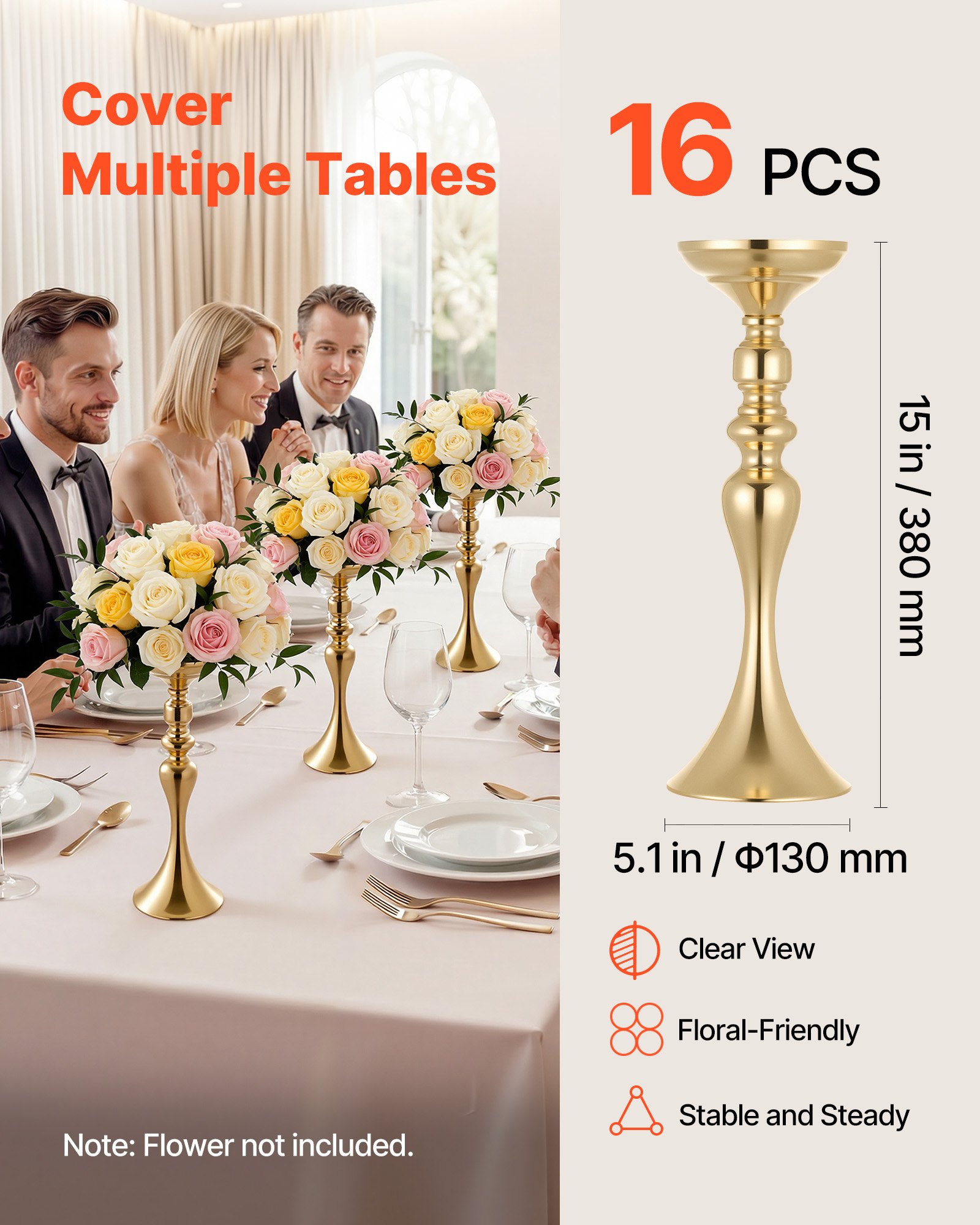 VEVOR Jarrones Decorativos, Paquete de 16 Piezas, Floreros de Candelero de Metal Dorados, Altura de 38 cm, Centro de Mesa para Boda, Estilo Clásico, Decoración para Banquete Ceremonia Fiesta Recepción