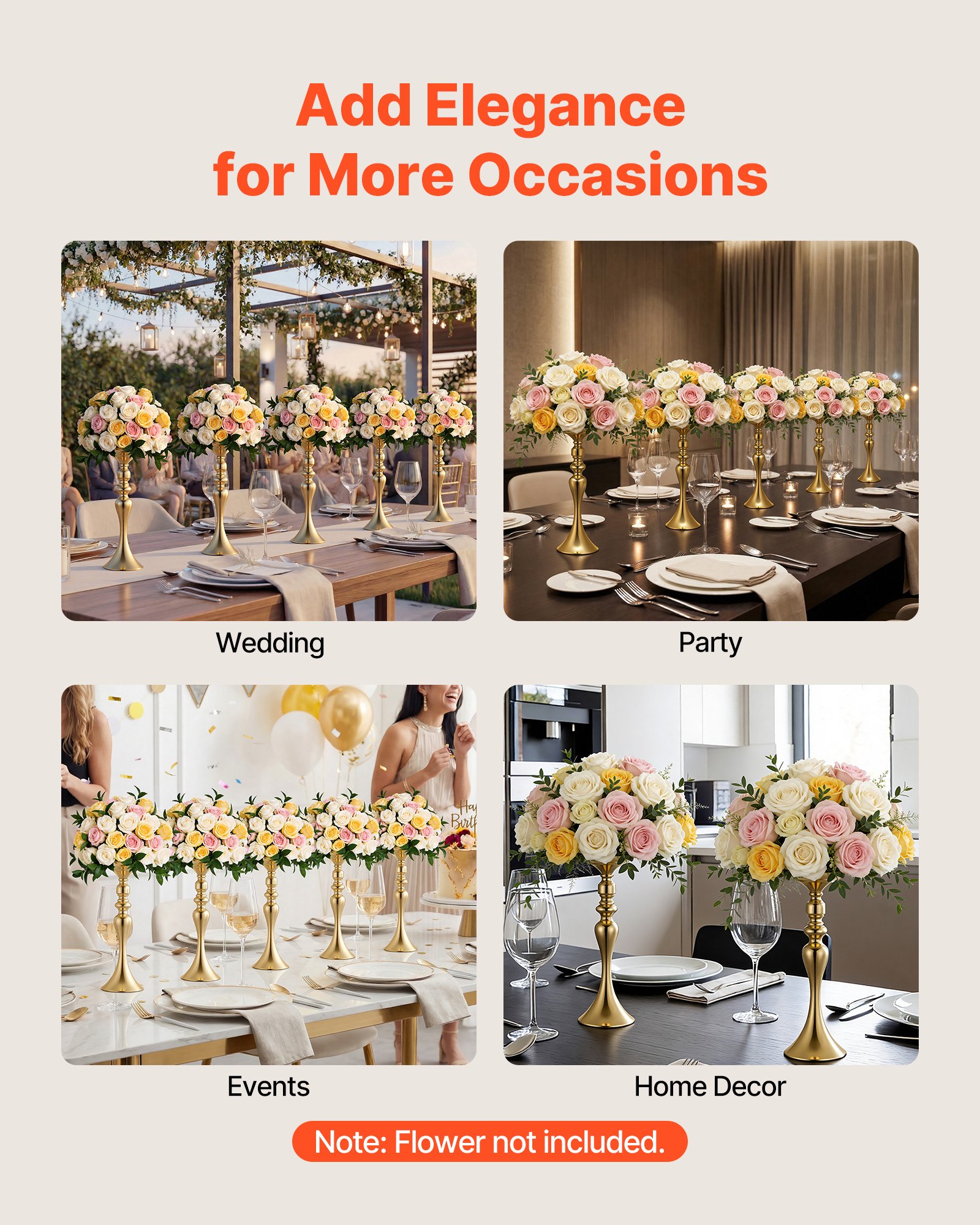 VEVOR Jarrones Decorativos, Paquete de 16 Piezas, Floreros de Candelero de Metal Dorados, Altura de 38 cm, Centro de Mesa para Boda, Estilo Clásico, Decoración para Banquete Ceremonia Fiesta Recepción