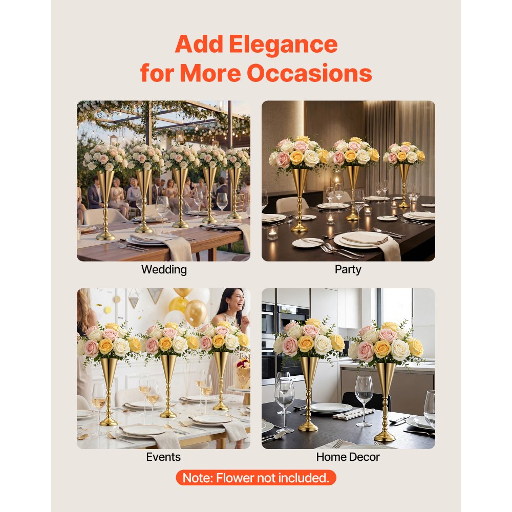 VEVOR Jarrones Decorativos, Paquete de 20 Piezas, Floreros de Trompeta de Metal Dorados, Altura de 43 cm, Centro de Mesa para Boda, Estilo Elegante, Decoración para Banquete Ceremonia Fiesta Recepción