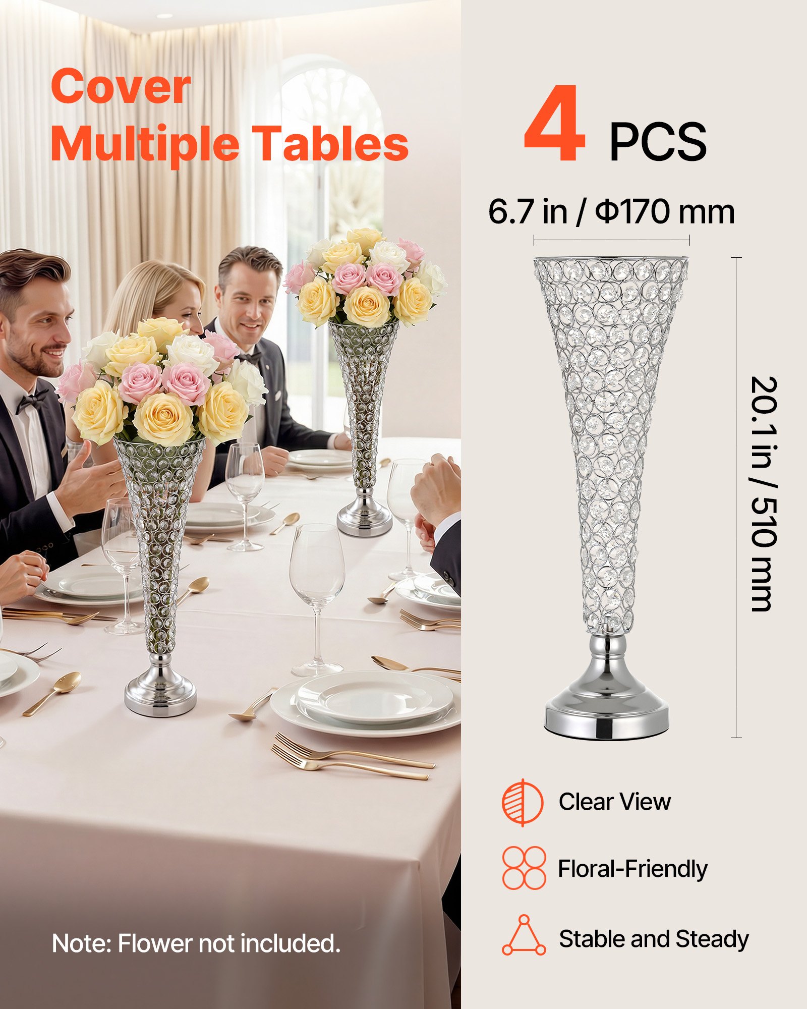 VEVOR Jarrones Decorativos, Paquete de 4 Piezas, Floreros de Trompeta de Cristal, Altura de 51 cm, Centro de Mesa para Boda, Diseño Moderno, Decoración para Banquete Ceremonia Fiesta Recepción Hogar