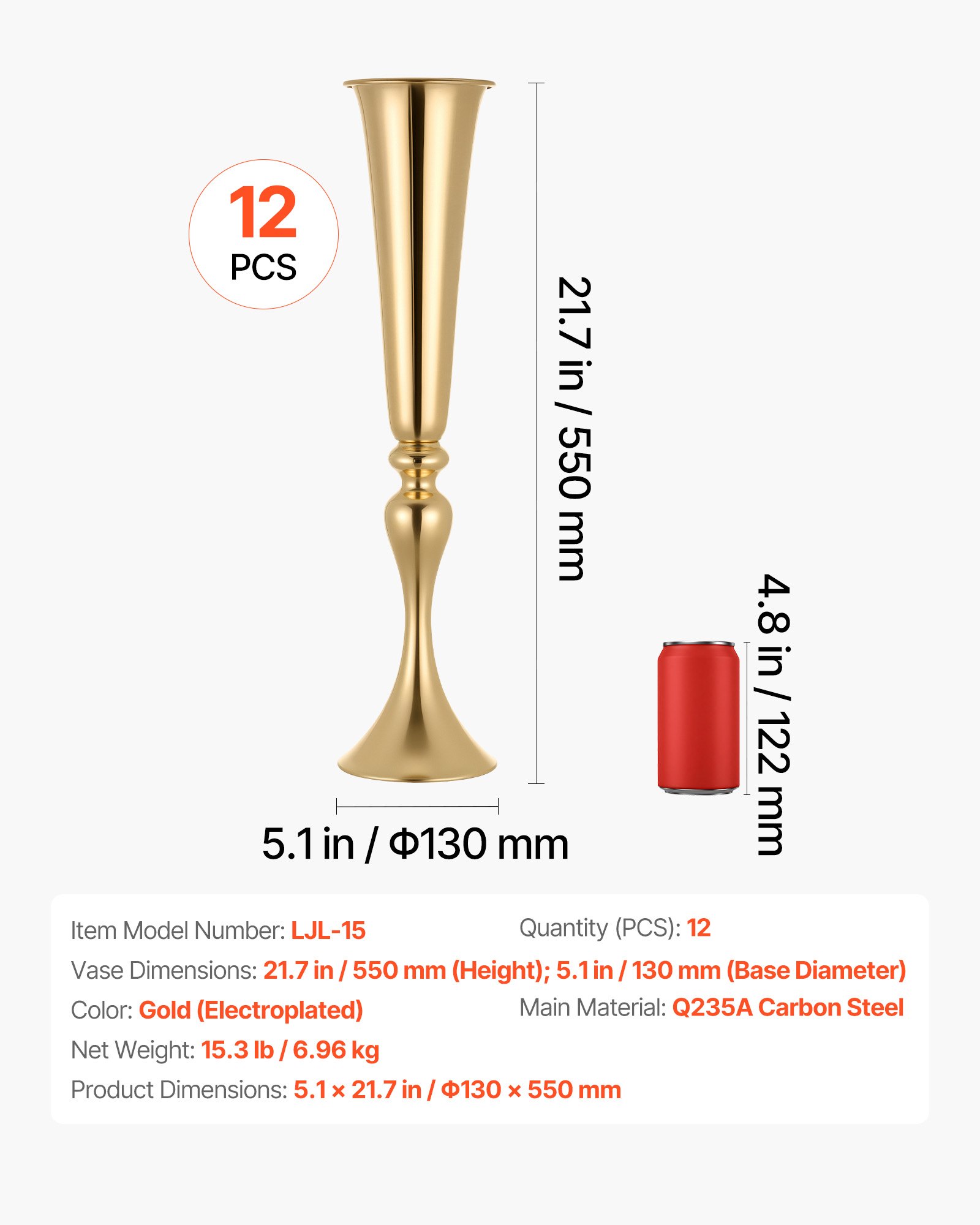 VEVOR Jarrones Decorativos, Paquete de 12 Piezas, Florero de Trompeta Metálico Dorado, Altura de 55 cm, Centro de Mesa para Boda, Decoración para Banquete Ceremonia Fiesta Recepción Exhibición Hogar