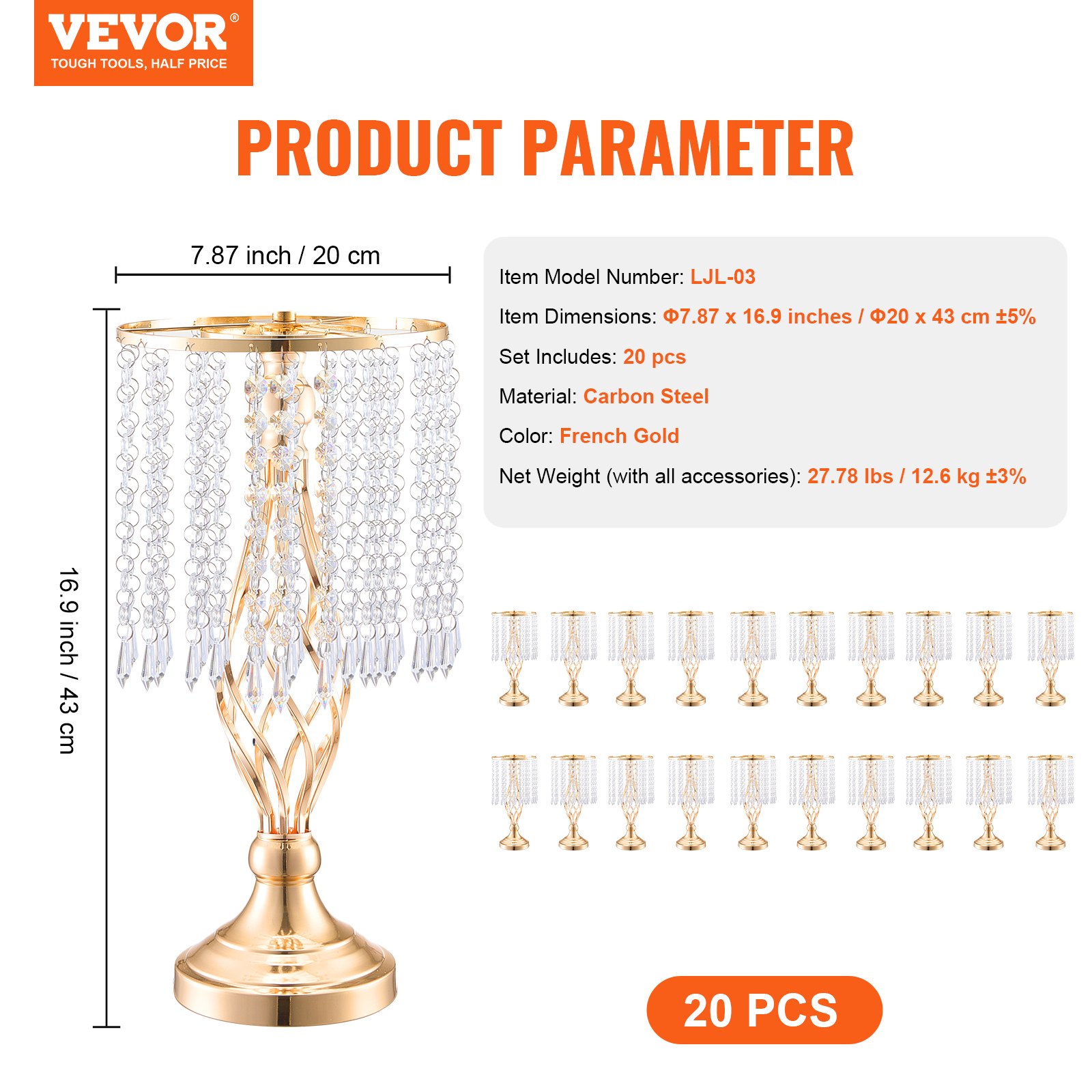 VEVOR 20 PCS 43 cm tall crystal glass flower stands for weddings, metal vases for wedding centerpieces, gold flower holders, flower stands for tables, wedding meals, parties, ceremonies, birthday events