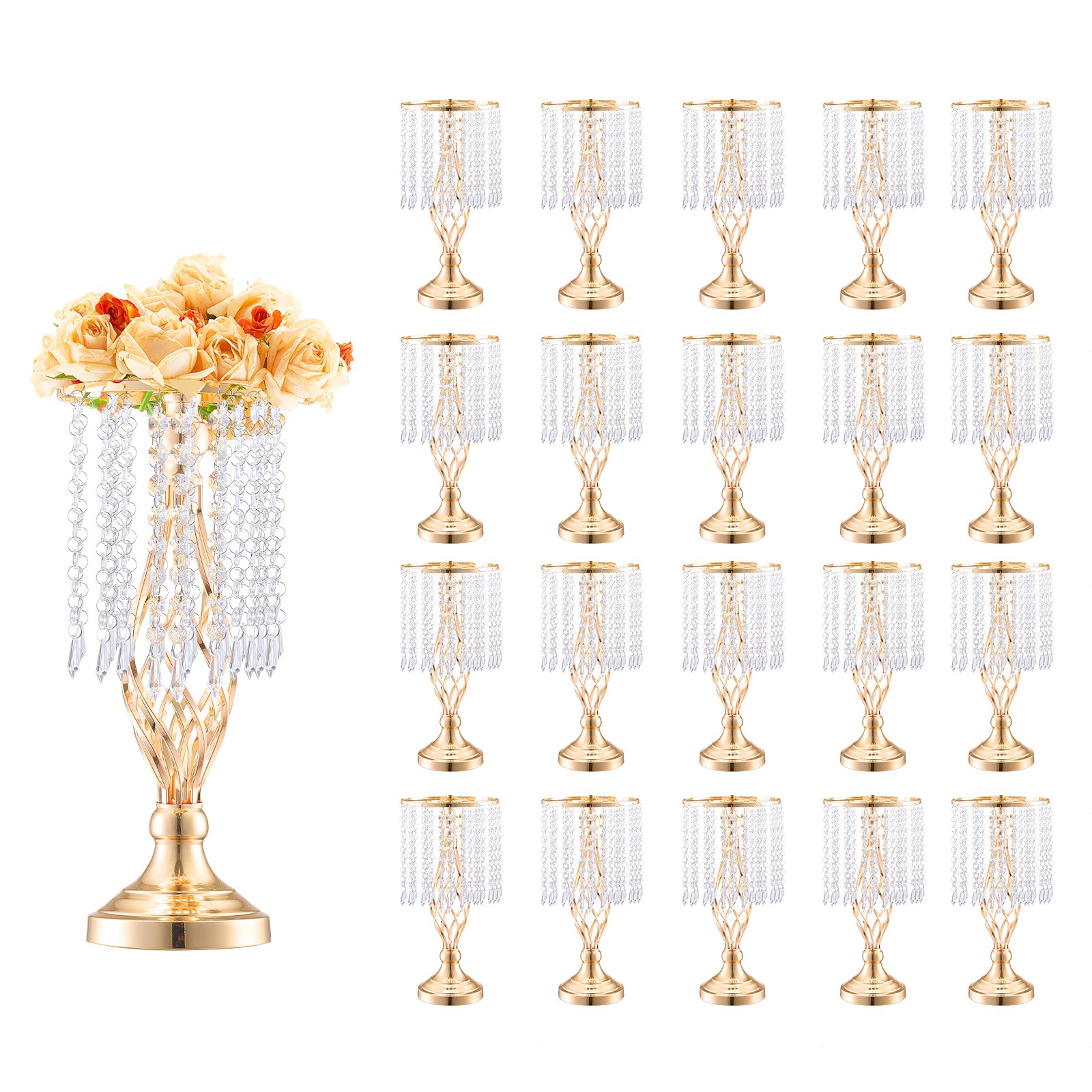 VEVOR 20 PCS 43 cm tall crystal glass flower stands for weddings, metal vases for wedding centerpieces, gold flower holders, flower stands for tables, wedding meals, parties, ceremonies, birthday events