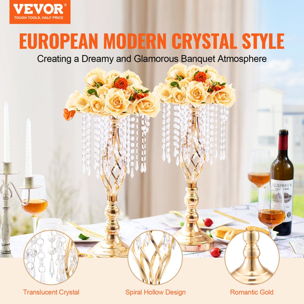 VEVOR 12-piece set of 49 cm tall crystal glass flower stands for weddings, metal vases for wedding centerpieces, gold flower holders, flower stands for tables, wedding meals, parties, ceremonies, birthday events