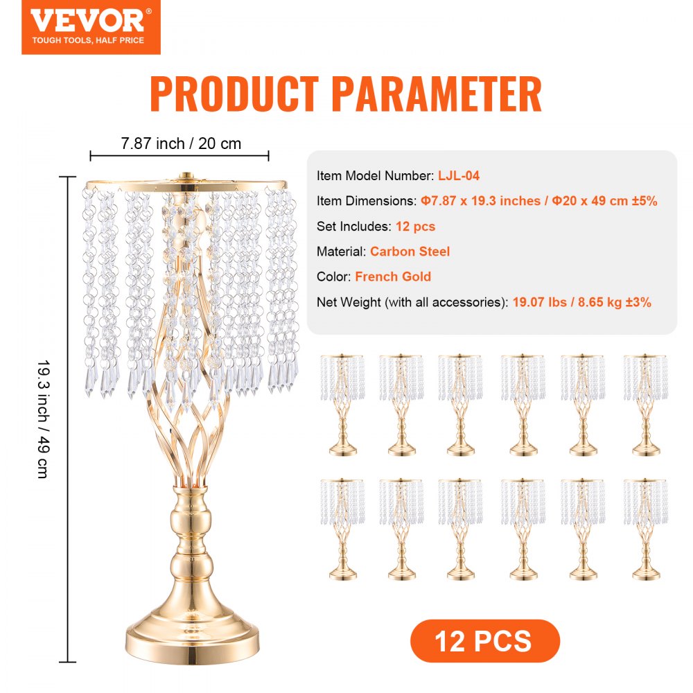 VEVOR 12-piece set of 49 cm tall crystal glass flower stands for weddings, metal vases for wedding centerpieces, gold flower holders, flower stands for tables, wedding meals, parties, ceremonies, birthday events