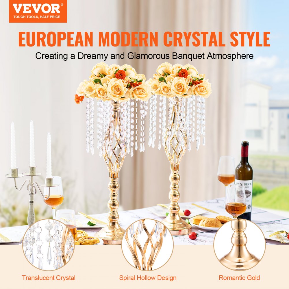 VEVOR 2 PCS 55 cm tall crystal glass flower stands for weddings, metal vases for wedding centerpieces, gold flower holders, flower stands for tables, wedding meals, parties, ceremonies, birthday events